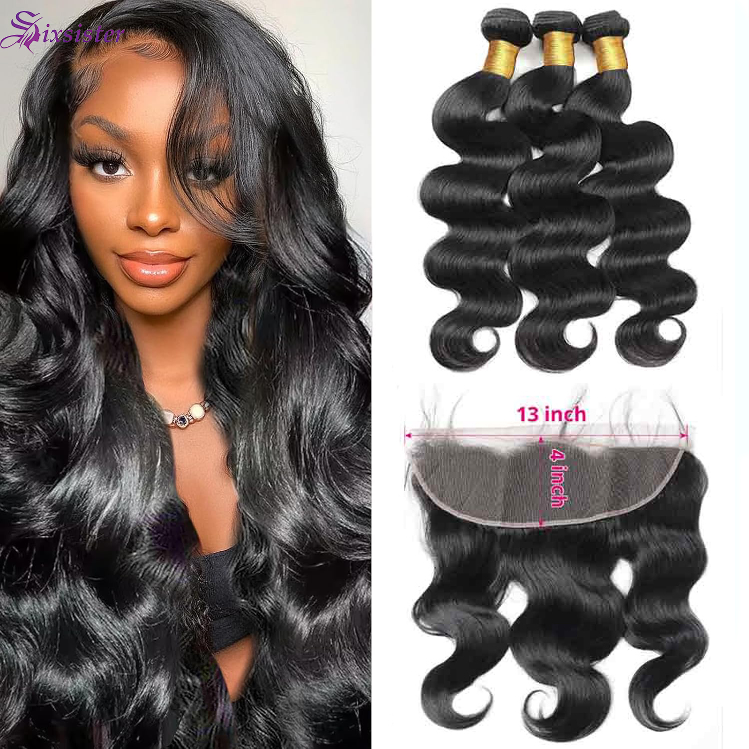 Fasci di onde del corpo 3 con capelli vergini brasiliani frontali 13x4 frontali in pizzo con pacchi onda del corpo 3 pacchi capelli umani vergini al 100%
