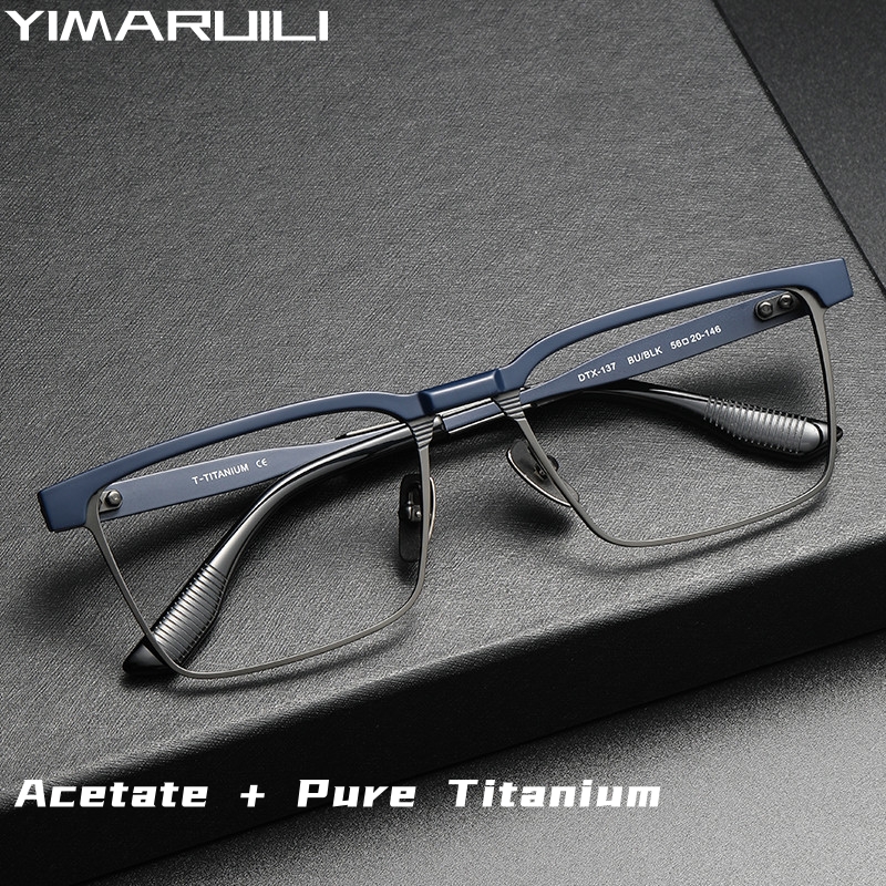 Yimaruili Business Fashion Retro Vierkante Luxe Eyewear Bijziendheid Acetaat Pure Titanium Optische Recept Brillen Frame Mannen