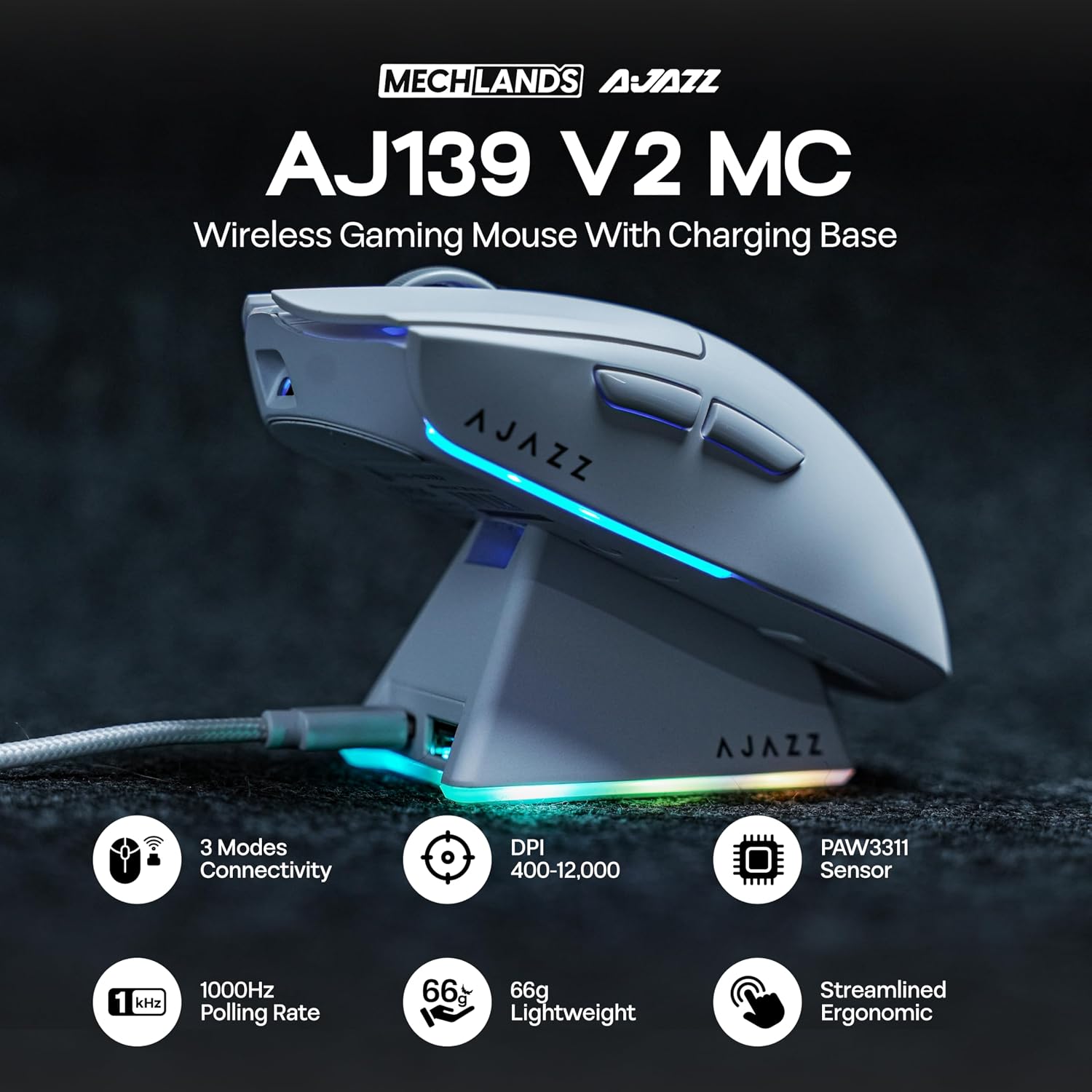 AJAZZ AJ139 V2 MC Souris de jeu sans fil  avec station de charge RGB, souris optique ultra-légère à trois modes de 66 g, capteur PAW3311 12000 DPI, souris de jeu ergonomique rechargeable pour PC/Mac - Blanc
