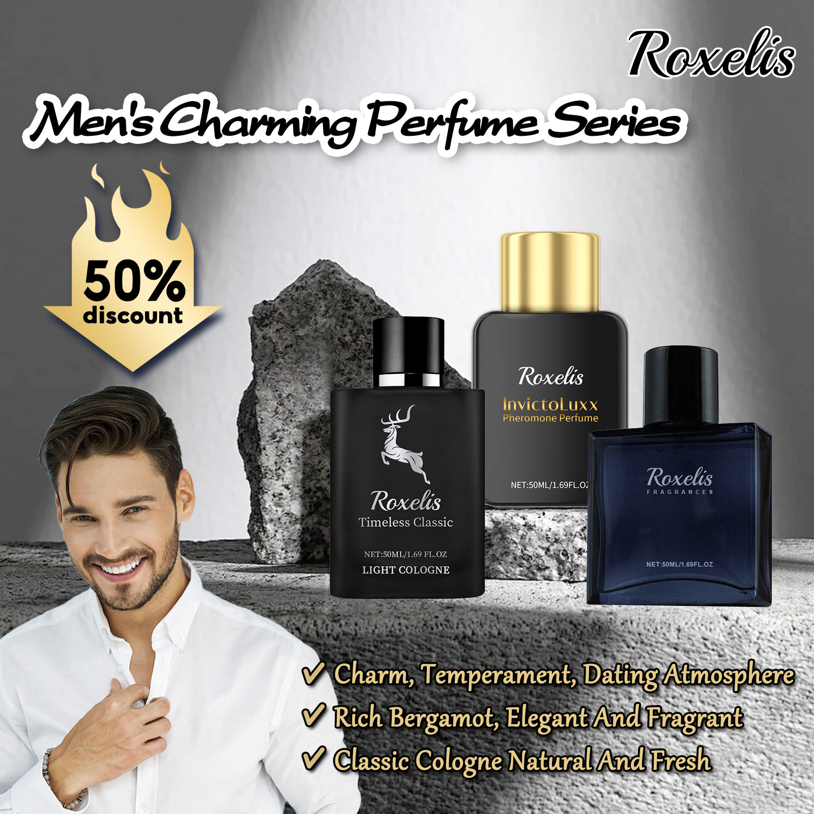 Roxelis 50 мл гламурный мужской парфюмерный спрей Bergamot Одеколон легкий аромат романтический феромон свидание атмосфера флирт духи