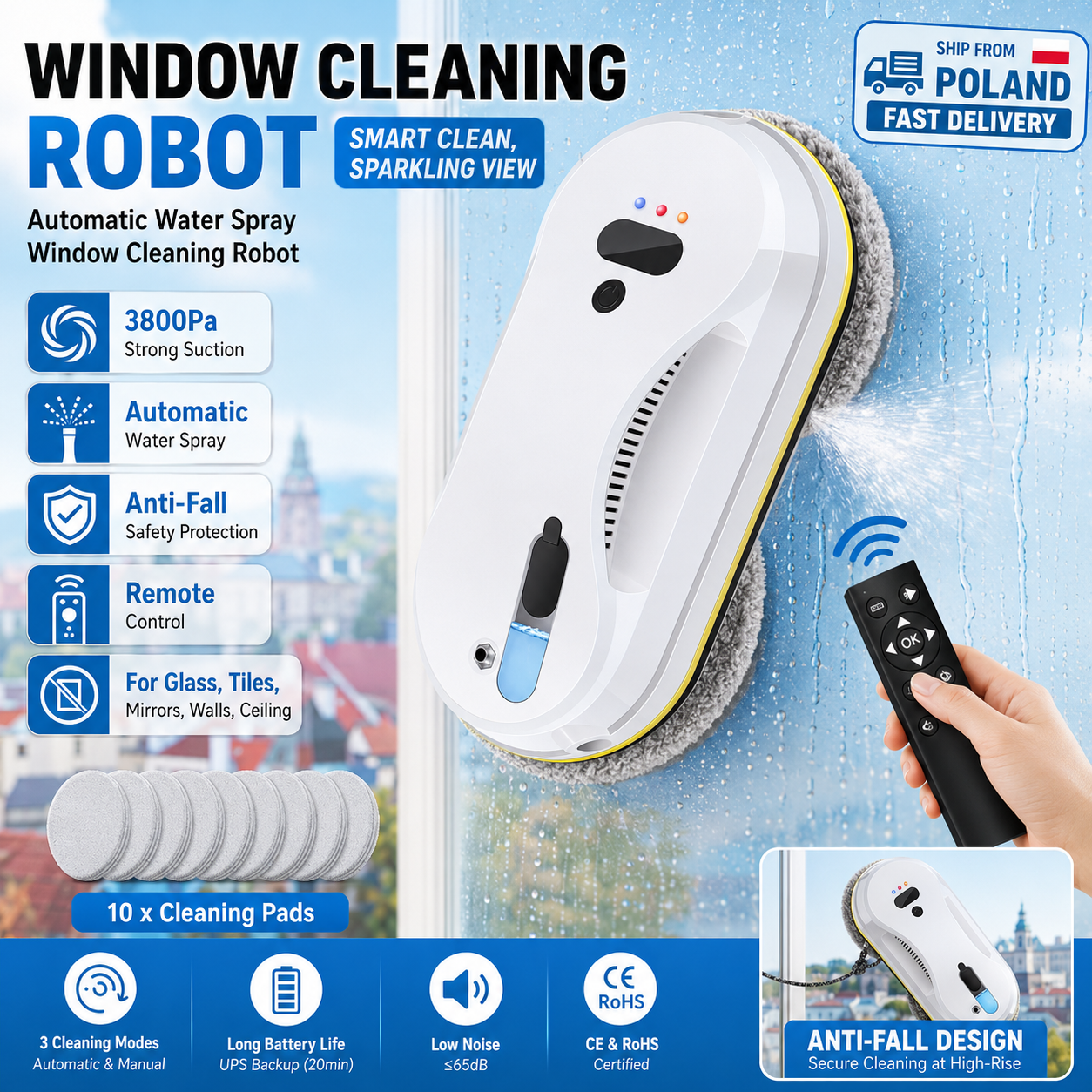 Robô de Limpeza de Janelas com Spray Automático de Água, Envio do Armazém da Polônia, Lavador de Vidros com Controle Remoto e Sucção de 3800Pa, Certificado CE RoHS, Padrão UE, Raspador de Janelas Anti-Queda para Janelas, Paredes, Tetos e Espelhos Doméstic