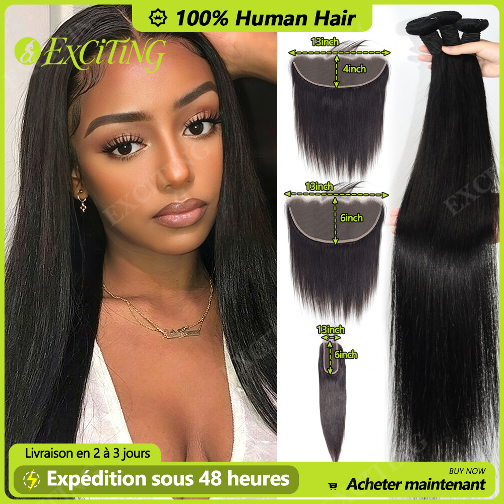 Extensiones de Cabello Humano Liso de 18-22 Pulgadas con Cierre de Encaje, 2x6, 13x4, 13x6 y Extensiones de Cabello Brasileño Virgen sin Procesar para Mujer