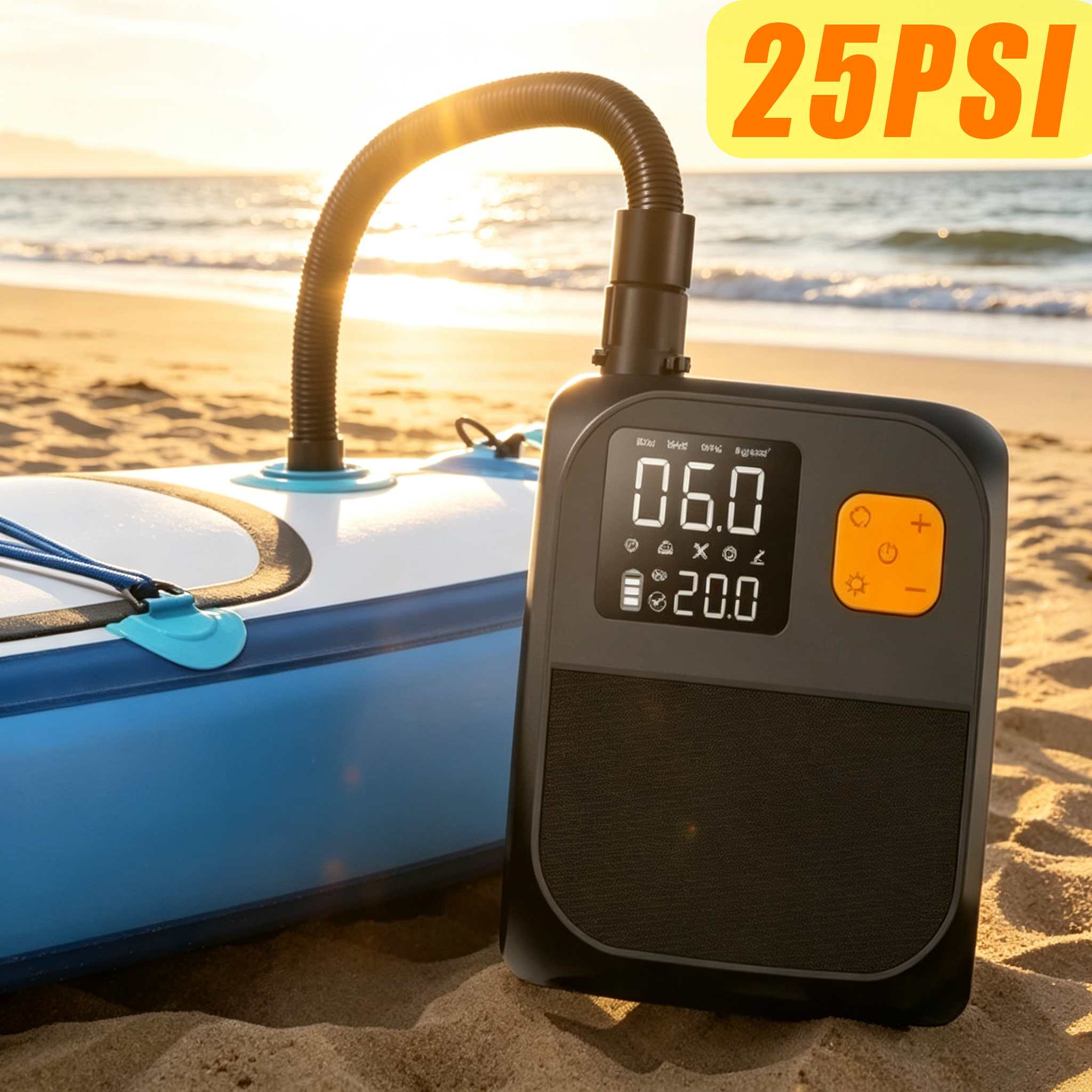 ปั๊มลมไฟฟ้า 25PSI สำหรับ SUP พร้อมแบตเตอรี่ 8000mAh ใช้ได้กับเต็นท์ บอร์ด SUP เซิร์ฟ ไคท์ เต็นท์เป่าลม เรือ และที่นอนลม