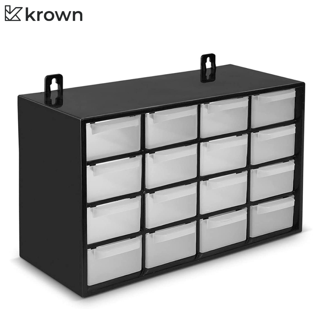 Caja Organizadora de Tornillos, Clasificador Apilable con 16 Cajones, Negro, Gris, Azul, Rojo, 17 x 27 x 12 cm. Módulo, Estante Organizador de Plástico para Piezas Pequeñas, Tuercas, Clavos, Tornillos, Alcayatas