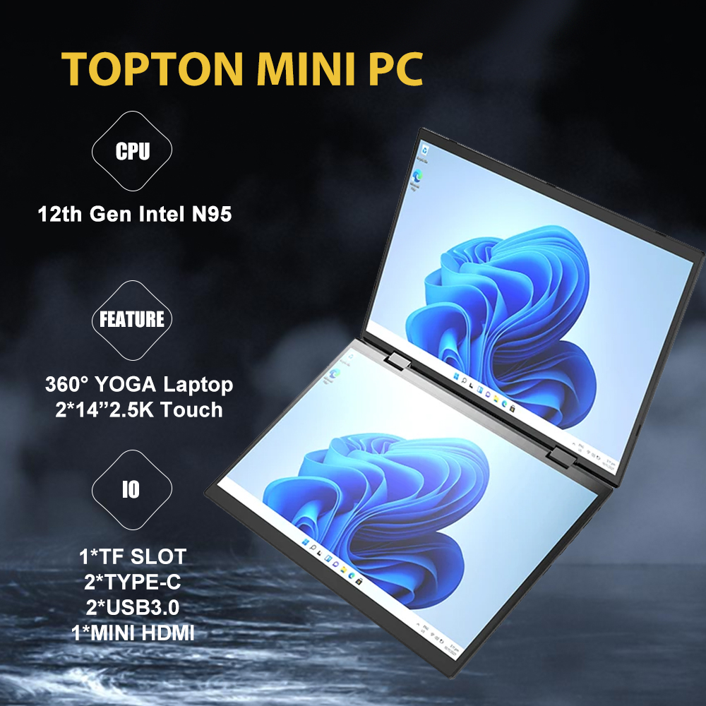 Двойной сенсорный экран 14 "360 ° портативный складной монитор 1080P FHD IPS 12th Gen Intel N95 Windows 11 2 * USB3.0 2 * Type-C 1 * Mini Hdmi