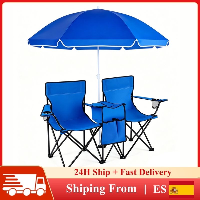 Doppel-Strandliege mit Sonnenschirm, tragbarer, faltbarer Campingstuhl, leichter Outdoor-Liegestuhl mit Aufbewahrungstasche für Picknick, Strand und Angeln