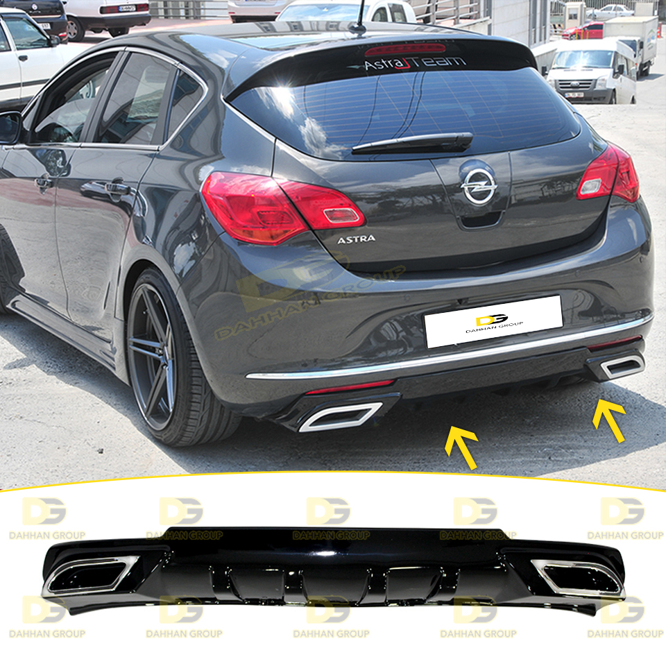 Opel Astra J 2012 - 2015 HB กีฬาสไตล์ด้านหลัง Diffuser Lip 2 Chrome เคล็ดลับซ้ายและขวาเปียโน gloss สีดำพลาสติก OPC ชุด
