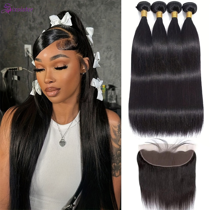 Extensiones de cabello humano con cabello humano brasileño virgen 100% liso Frontal 4 mechones con extensiones de cabello tejido Frontal de encaje 13x4