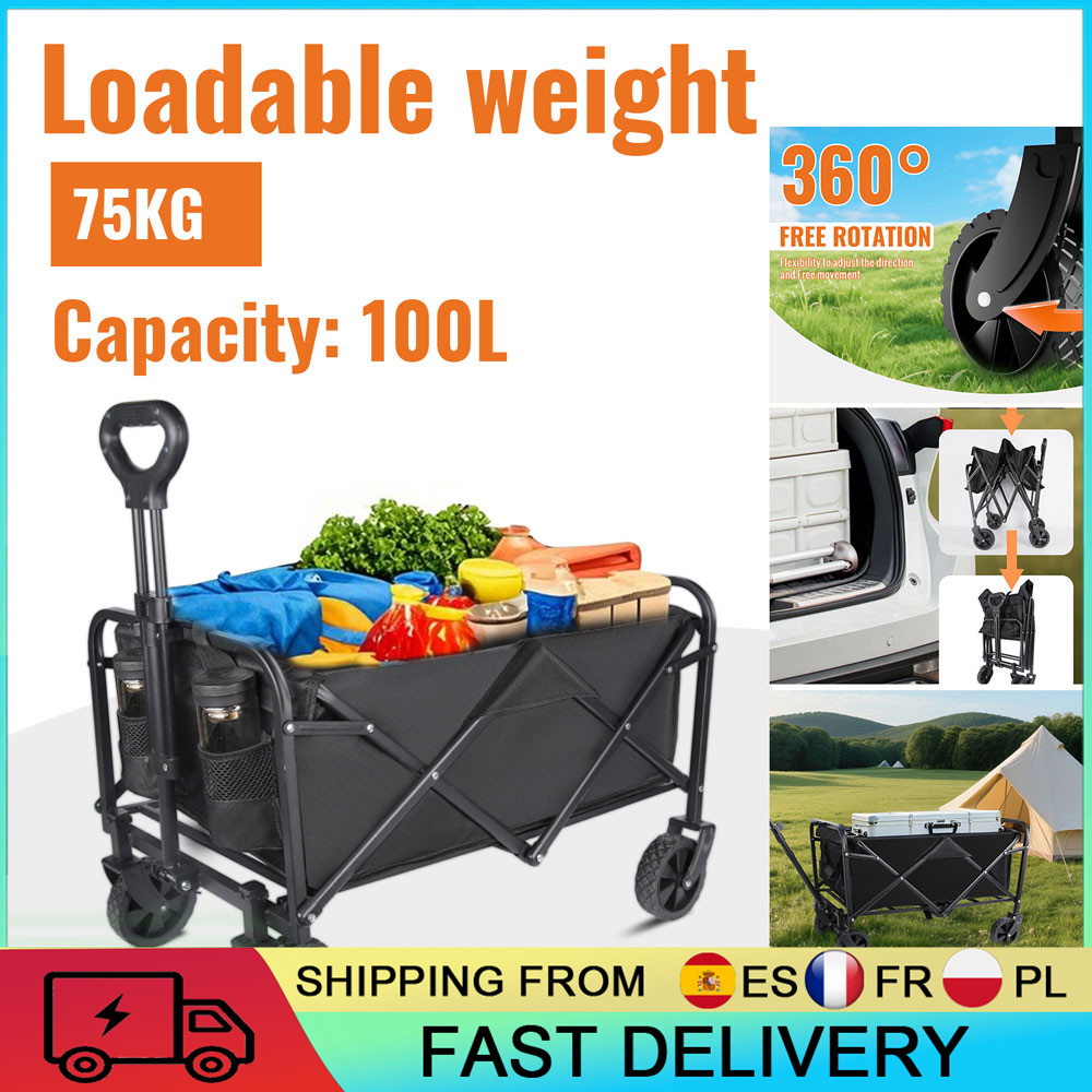 Carrinho Dobrável de Grande Capacidade 100L, Carrinho Colapsável 75KG 360 °   Carrinho Dobrável com Rodas Giratórias para Camping, Compras e Mudanças