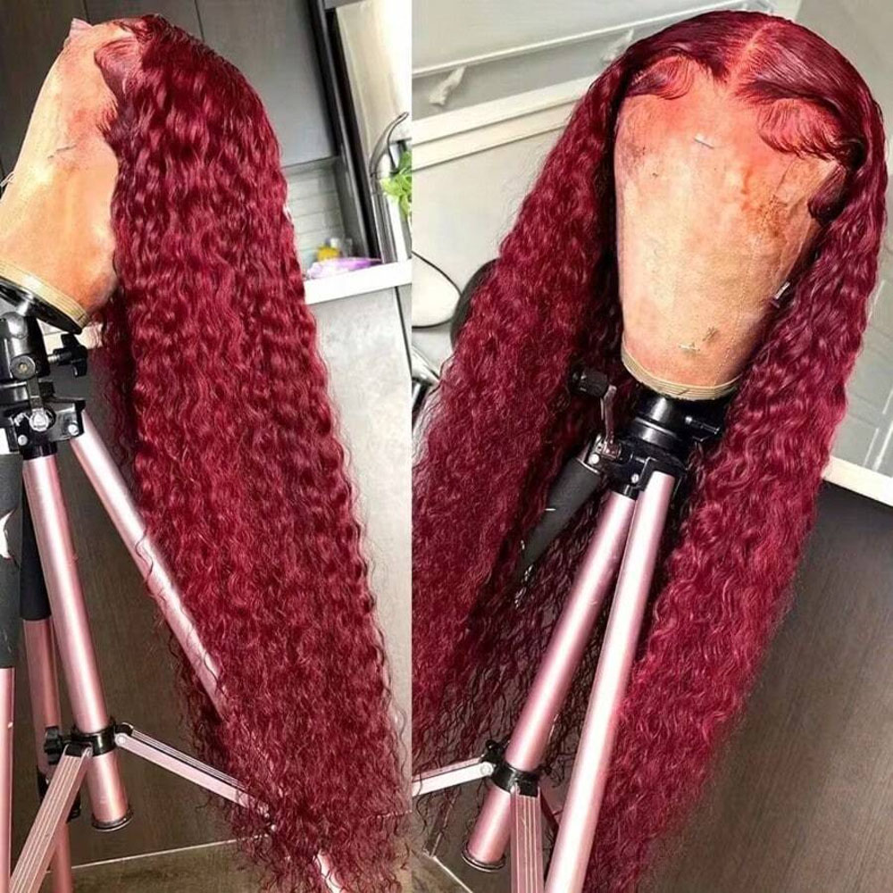 250% Density 99J 13x4 HD Lace Front Human Hair Wigs Burgundy 34Inch Deep Wave Peruvian Curly Glueless Lace Frontal Closure Wigs