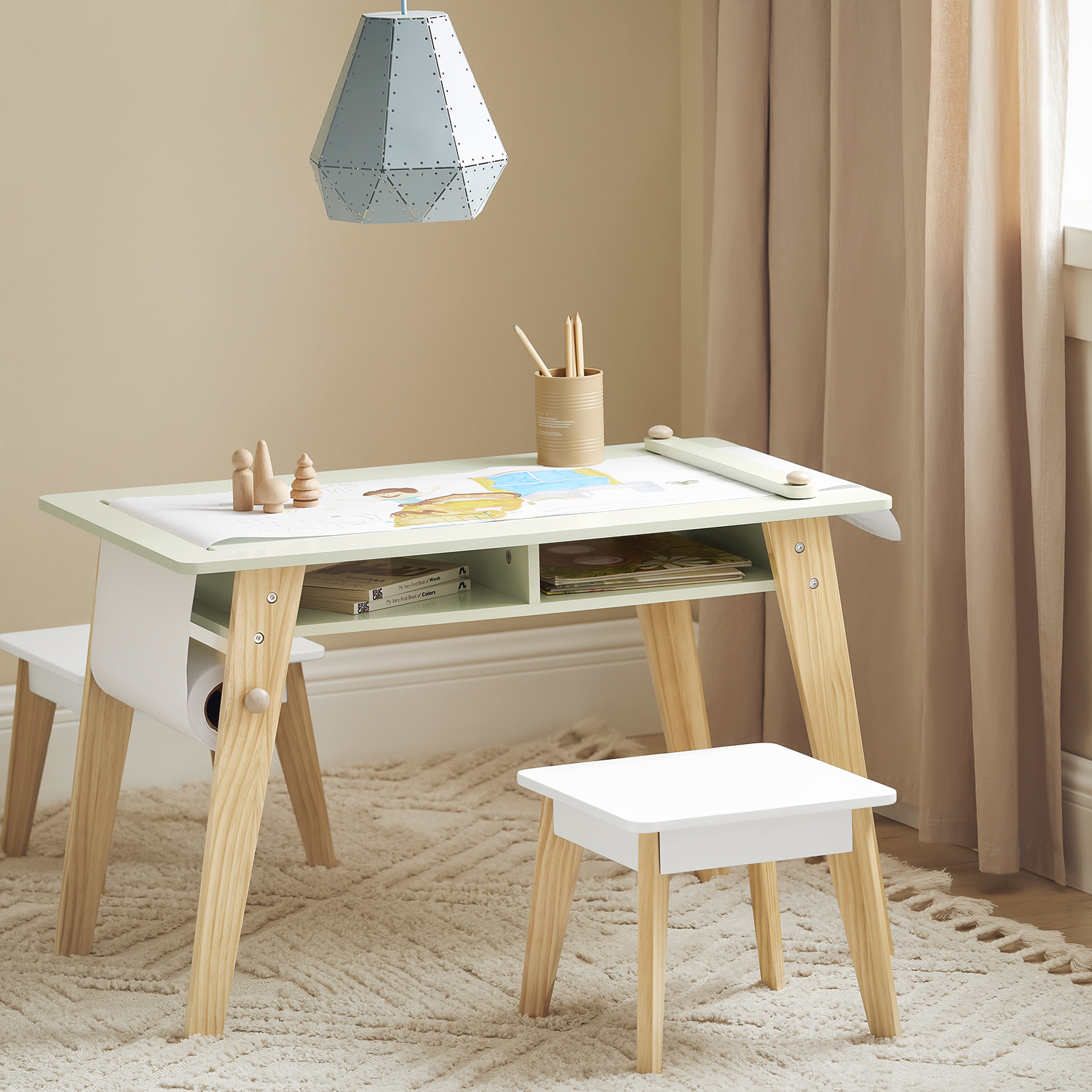 SoBuy KMB92-GR Mesa infantil com 2 cadeiras Grupo de assentos infantis com espaço de armazenamento para crianças Grupo de assentos infantis Branco Verde