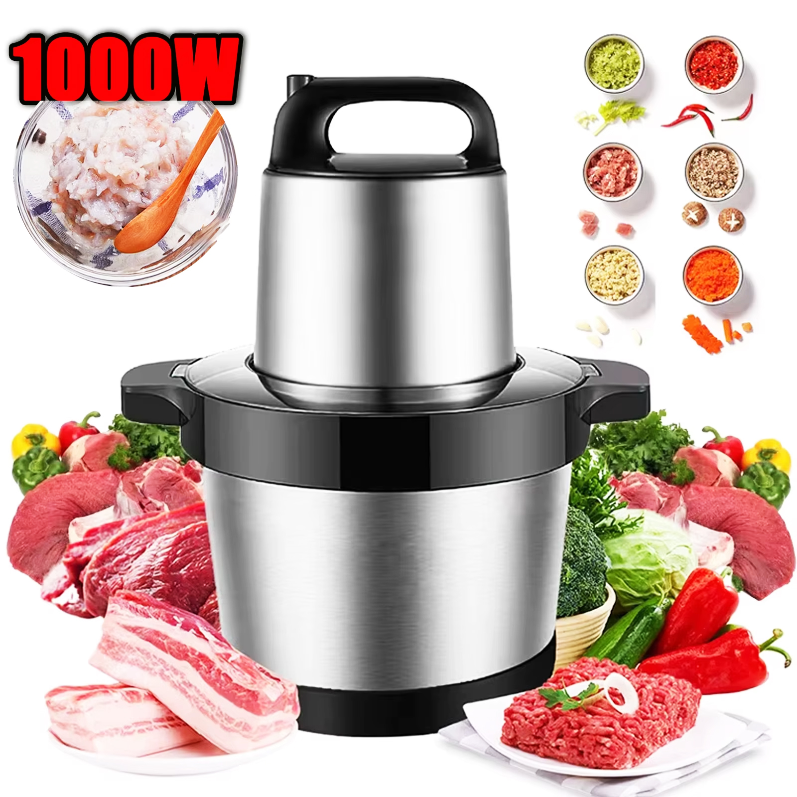 Moedor de Carne Elétrico de 1000W, Picador de Cozinha 6L, Processador de Alimentos em Aço Inoxidável, Liquidificador e Triturador