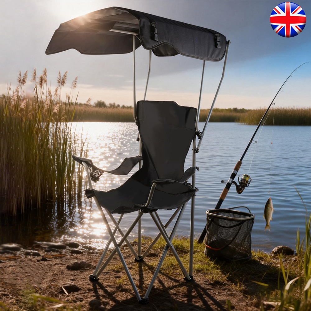 Klappbarer Campingstuhl mit Sonnendach, tragbarer Outdoor-Stuhl mit Getränkehalter, leichter Klappstuhl für Camping, Angeln, Picknick, Garten, Strand und Outdoor-Aktivitäten