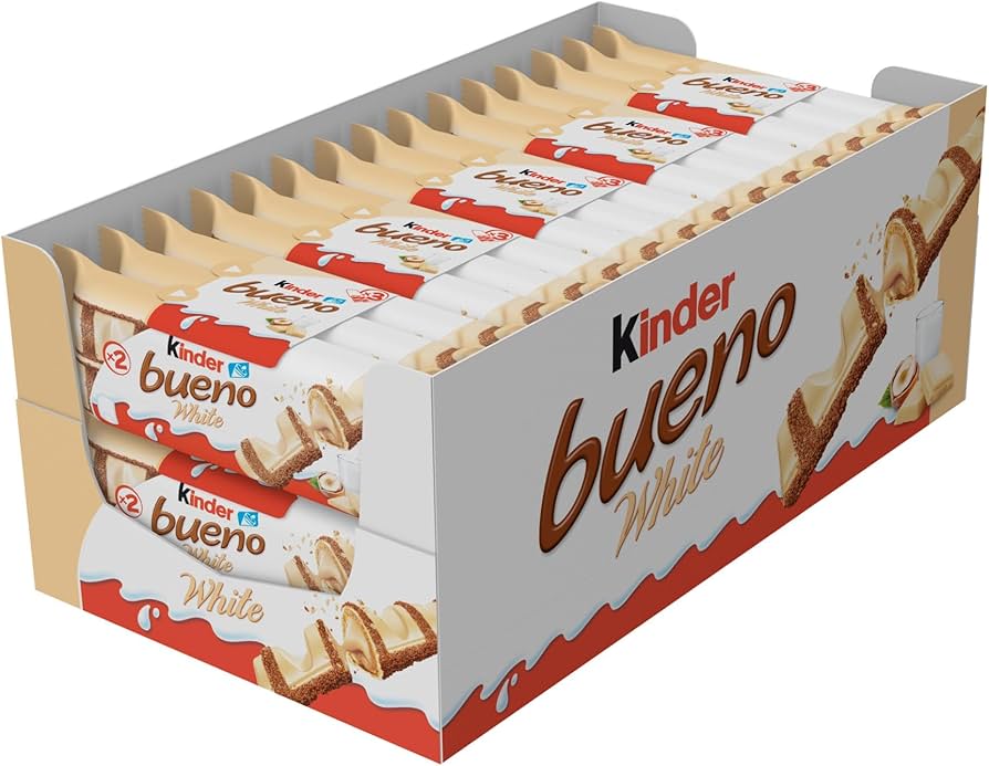 Kinder Bueno White - Snack al Cioccolato Bianco e Nocciole -  un Wafer Ripieno di Crema alle Nocciole Ricoperto da Cioccolato Bianco e Granella Meringata al Cacao - Pacco 30 Confezioni