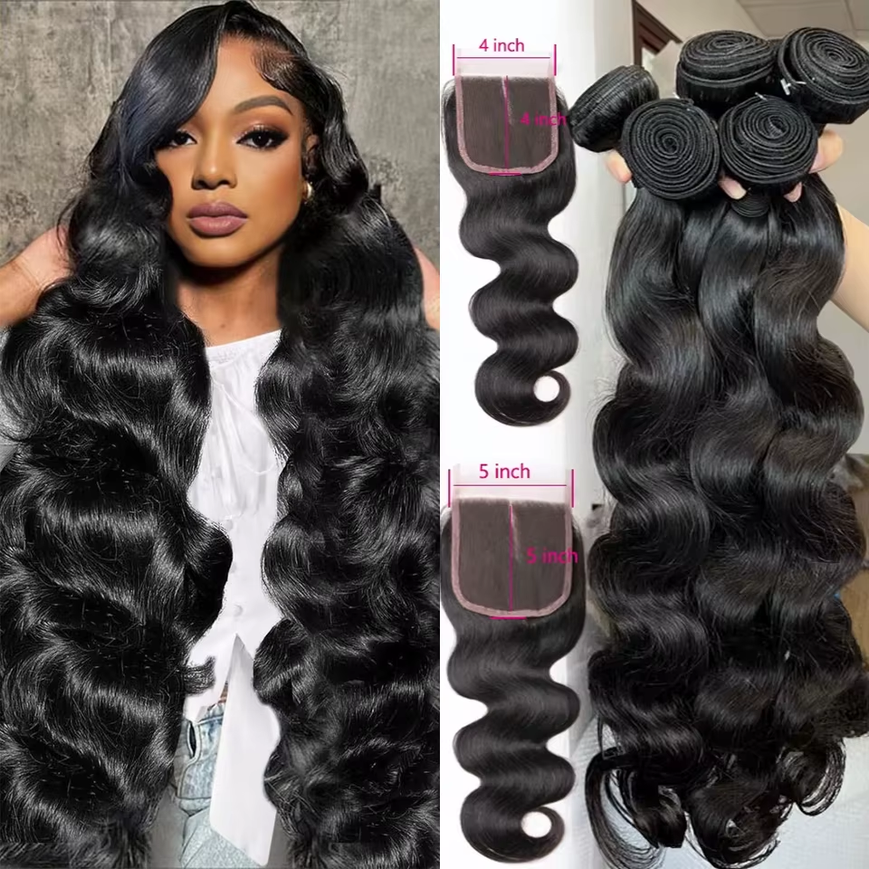 Наборы волос Body Wave из 100% натуральных человеческих волос Remy с кружевной застежкой 4x4/5x5 и кружевной вставкой 2x6 с центральной частью для женщин