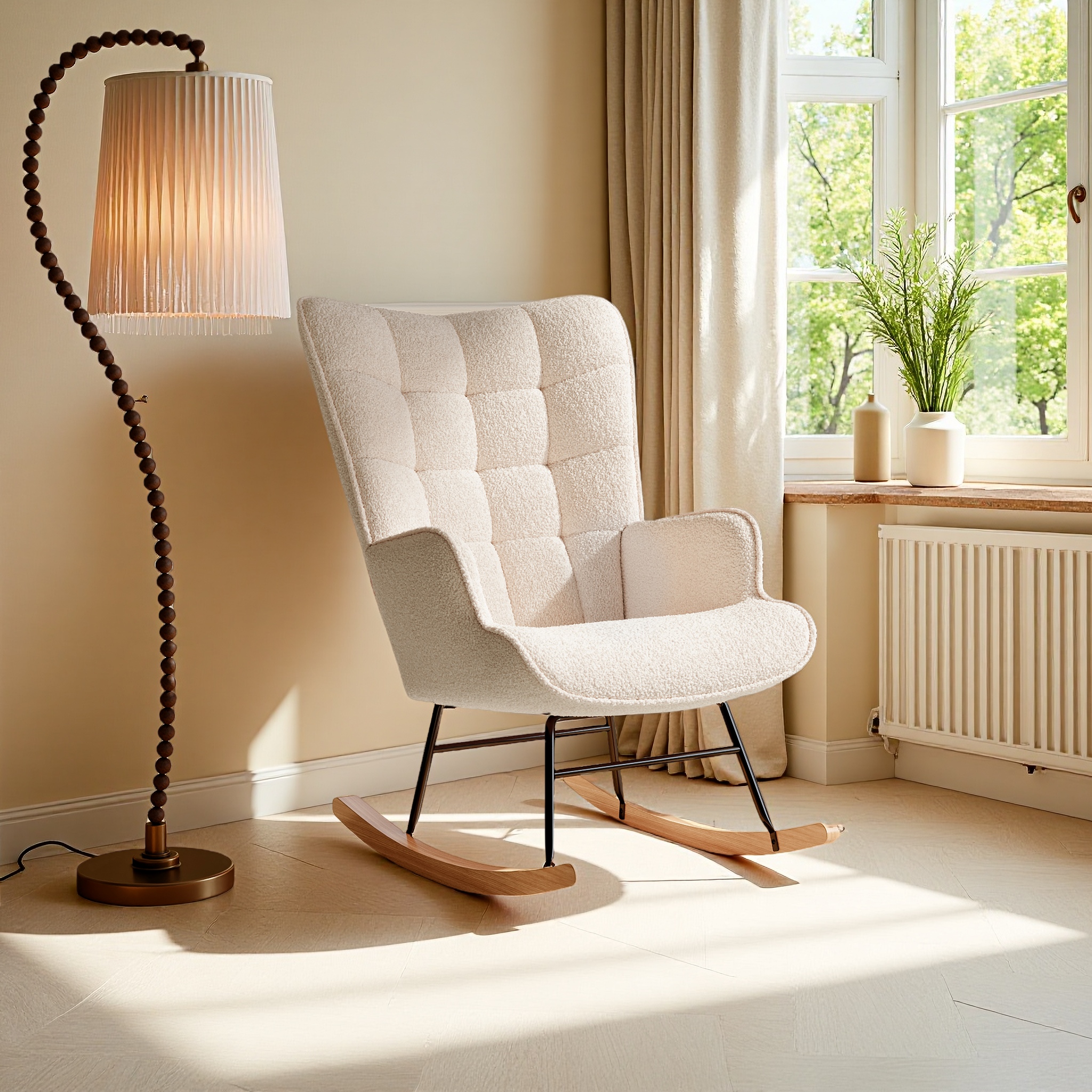 Rosahqnda Rocking chair 92x75x69cm, Teddy Velvet Nursing Chair, Living Room, Bedroom Leisure Chair, Pink Gray Beige