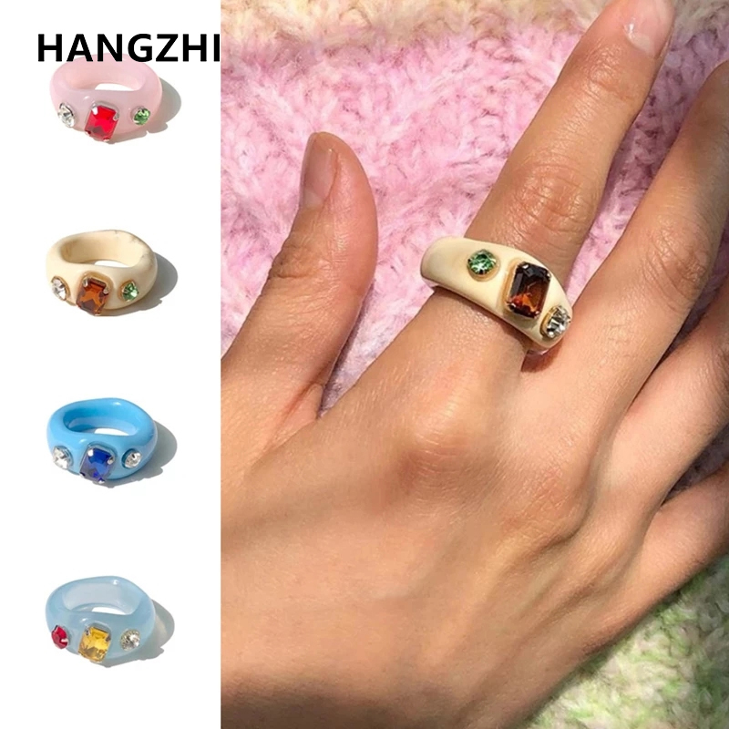HangZhi 2020 nowa japonia unikalne masywne kolorowe dżetów przezroczysty akrylowy plastikowy pierścionek dla kobiet dziewczyn Party biżuteria