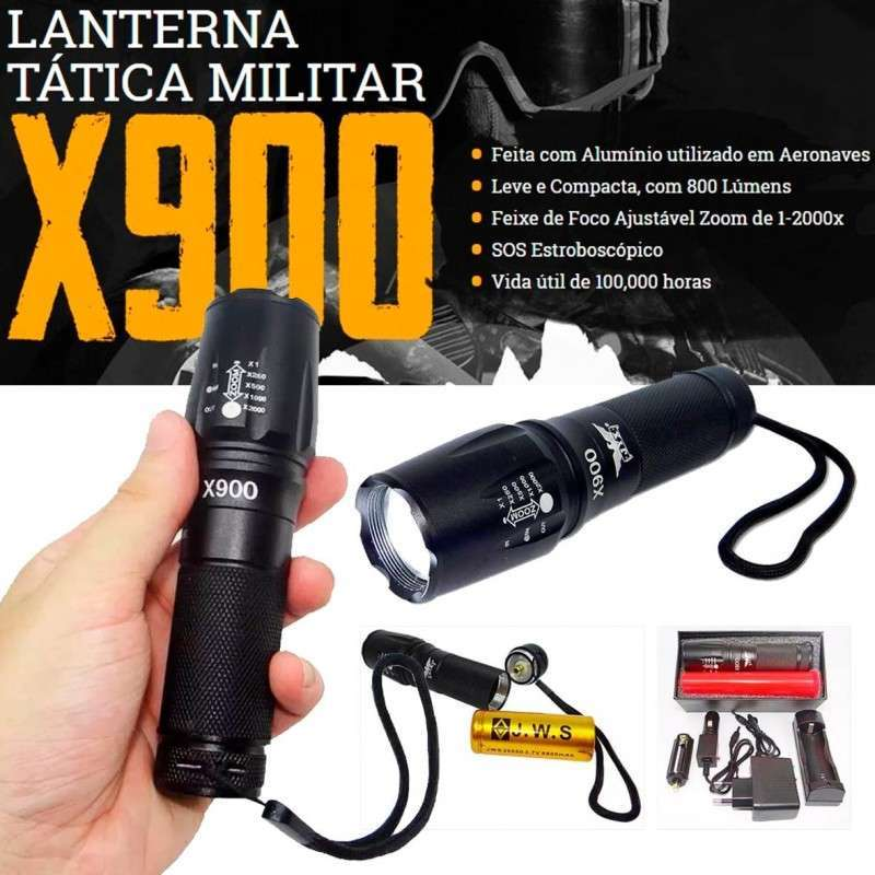 NEVERDIE-Lanterna Militar/Tática/Operacional X900 Led Potente Recarregável Com Zoom