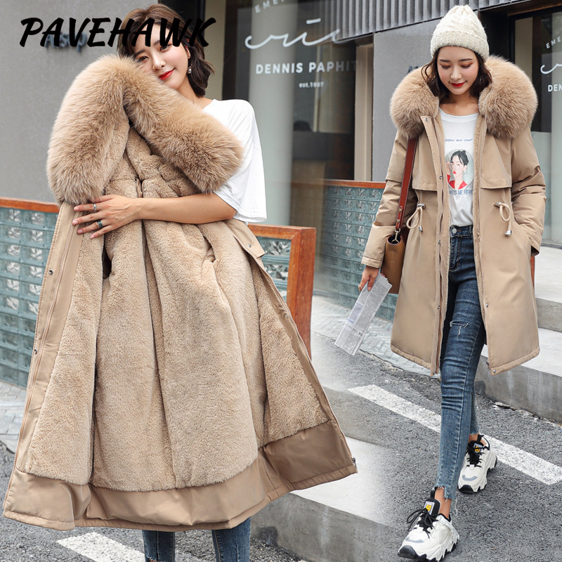 Parka de manga comprida feminina com zíper, gola de pele, cordão velo, casaco quente, streetwear casual, outwear grosso, inverno