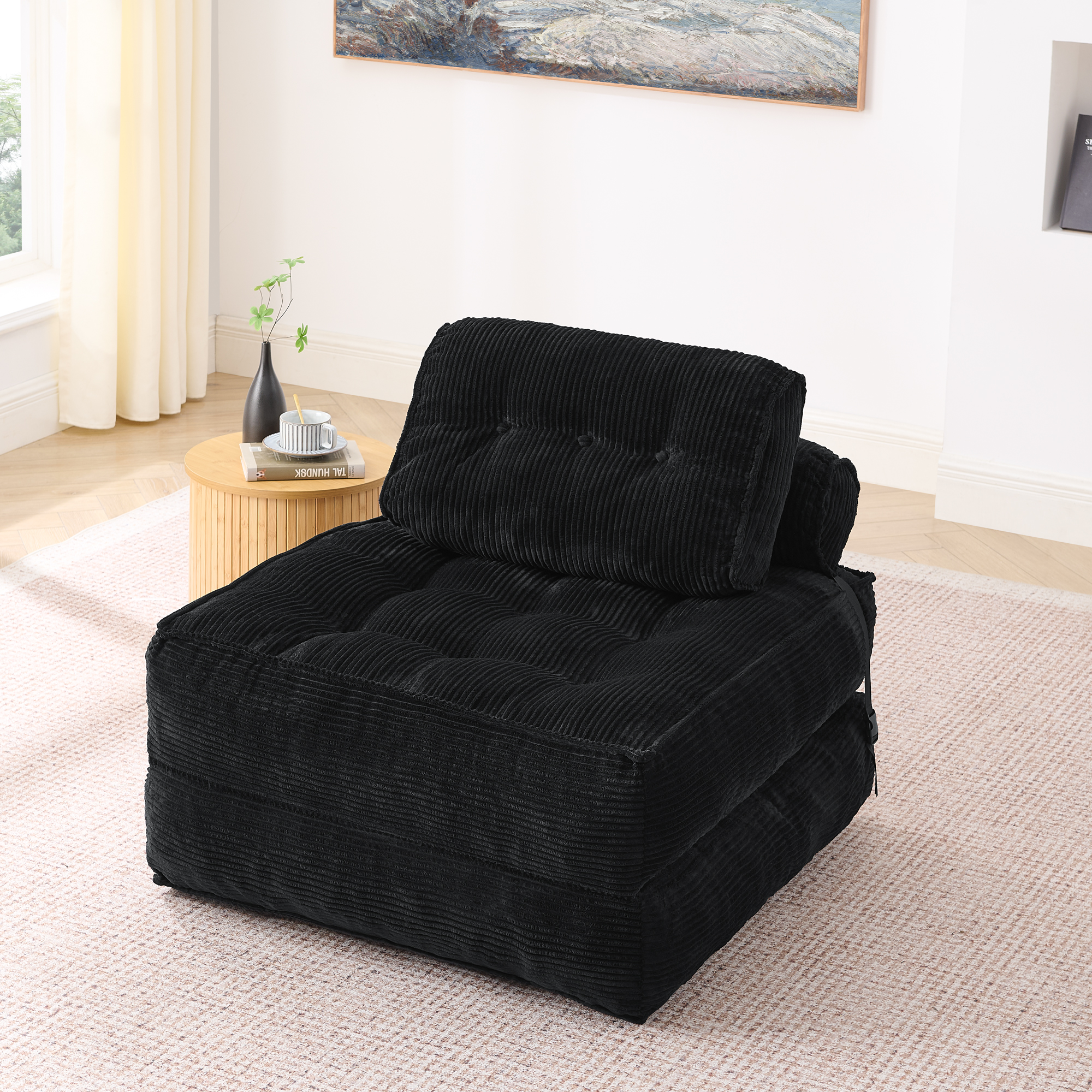 Fauteuil de sol pliable 2-en-1 en velours côtelé – Canapé pliant confortable avec dossier réglable, fauteuil polyvalent pour salon et chambre, lit d'appoint et fauteuil de détente, noir