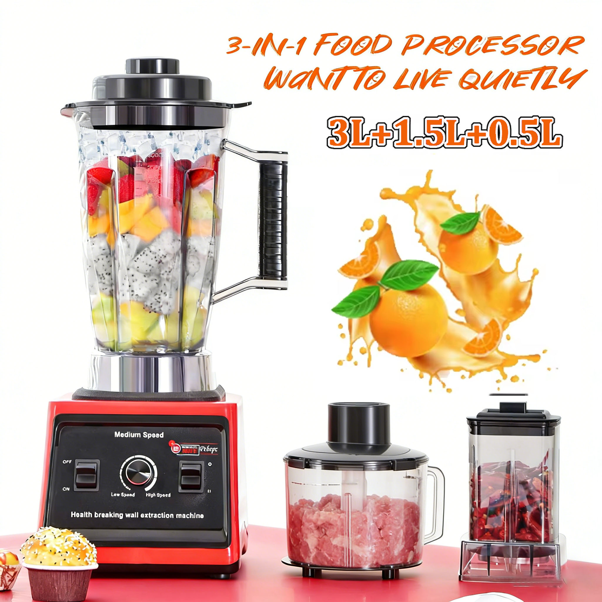 DWiusty 3 W 1 Elektryczny Blender 9500W Dużej Mocy Profesjonalny Robot Kuchenny do Lodów, Smoothie i Soków 3L + 1. Pojemnik 5l + 0,5l