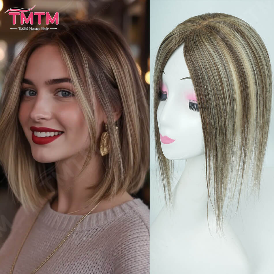 Topper per capelli umani Remy al 100% per donna, 7x11 cm, lisci, con clip, 12 pollici, sistema di capelli dall'aspetto naturale