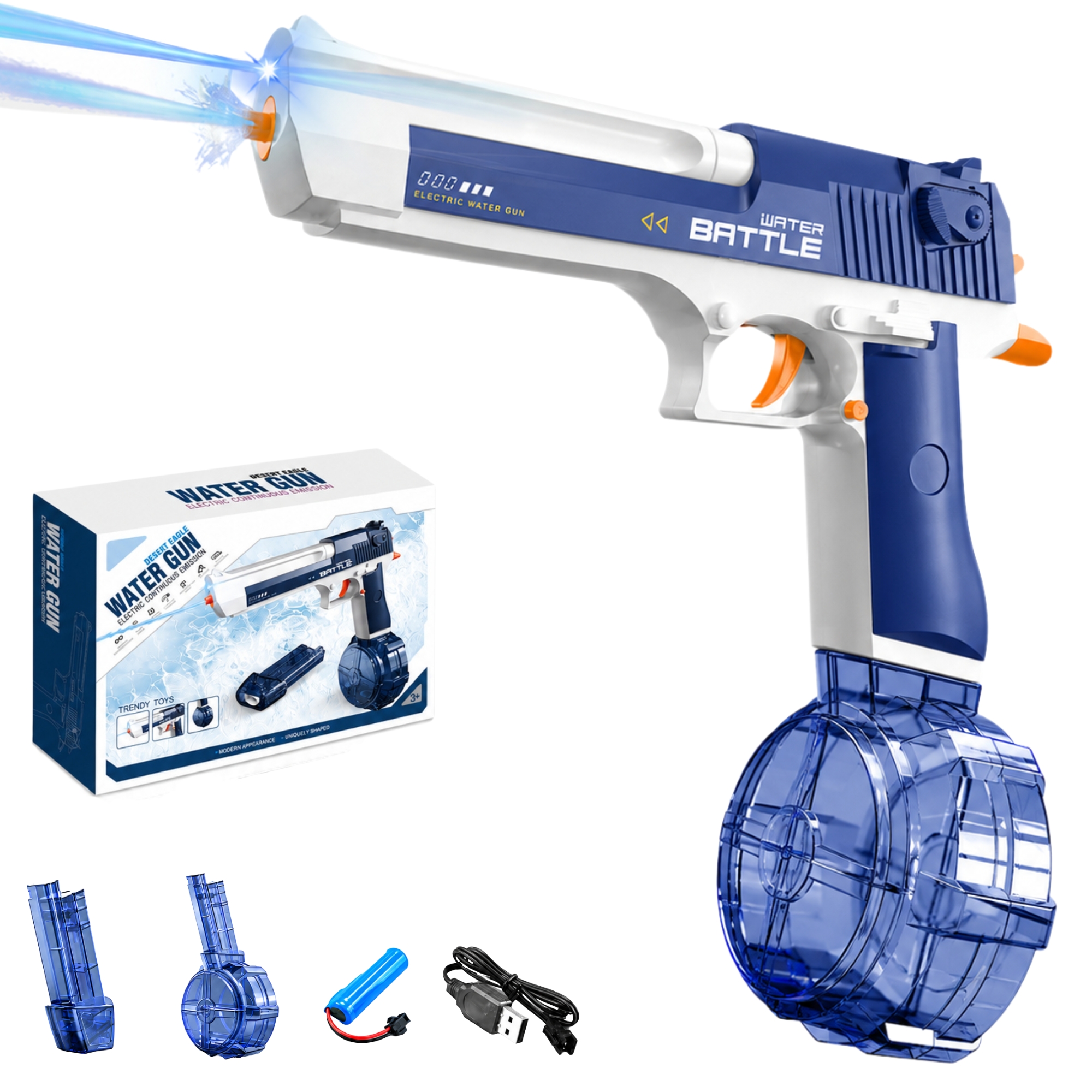 Pistola de Água Elétrica Automática com Tambor de Grande Capacidade, Luz LED e Jato Potente, Recarregável por USB, Brinquedo Aquático para Praia, Piscina e Jardim, Ideal para Crianças e Adultos