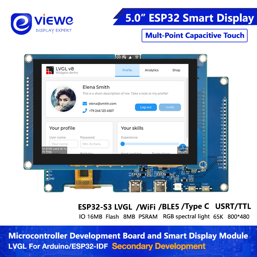 ESP32 S3 LVGL 5 pouces 800*480 carte de développement WIFI et Bluetooth LCD affichage LVGL Module TFT écran d'affichage intelligent avec tactile