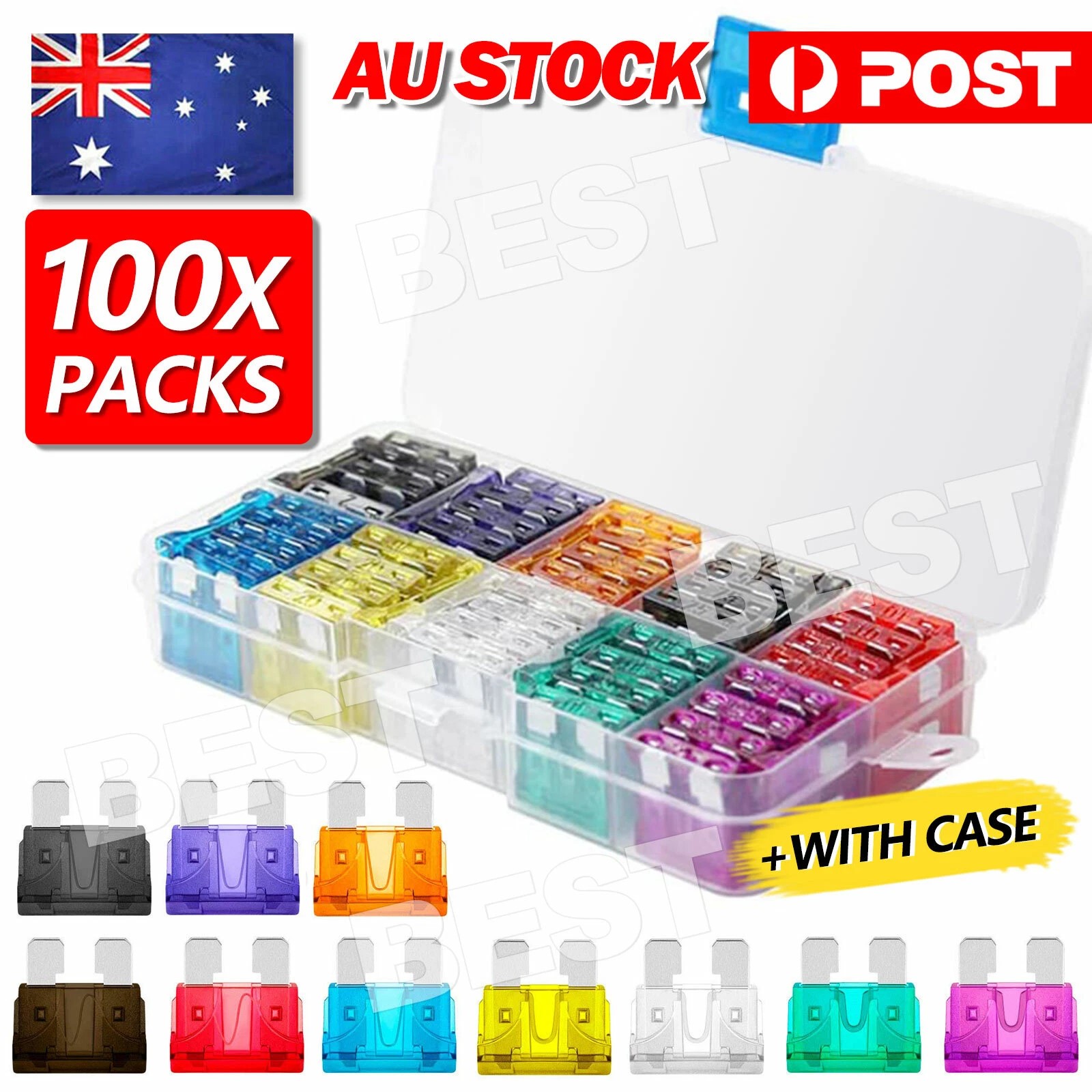 100x Standard Blade Auto Car Verschiedene Sicherungssätze Sortimentskits 2A-35A mit Box