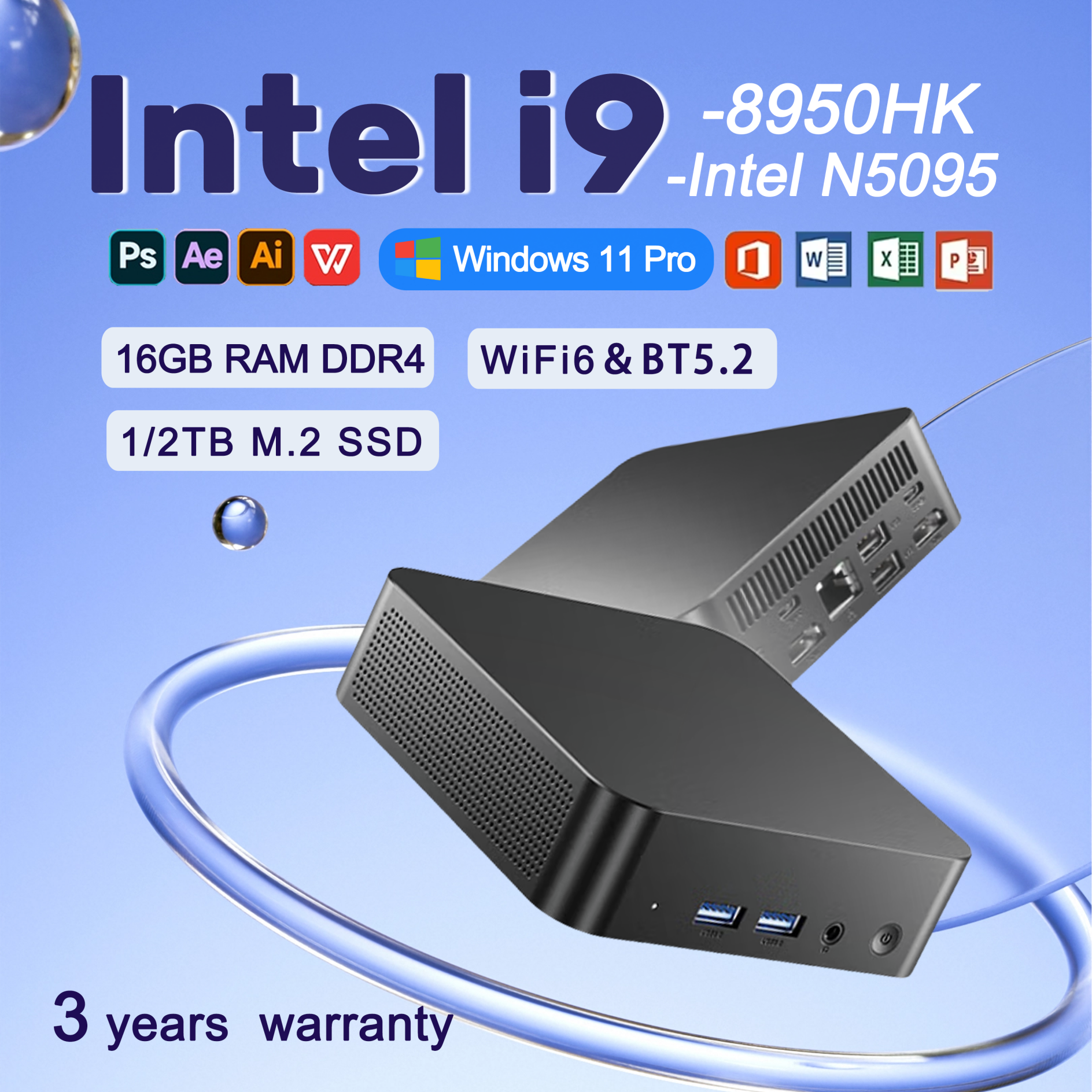 Mini PC Windows 11 Intel Core i9 8950HK/N5095 16GB DDR4 1/2TB SSD computer desktop da gioco Windows 11 BT5.2 WIFI6 computer da gioco 4K