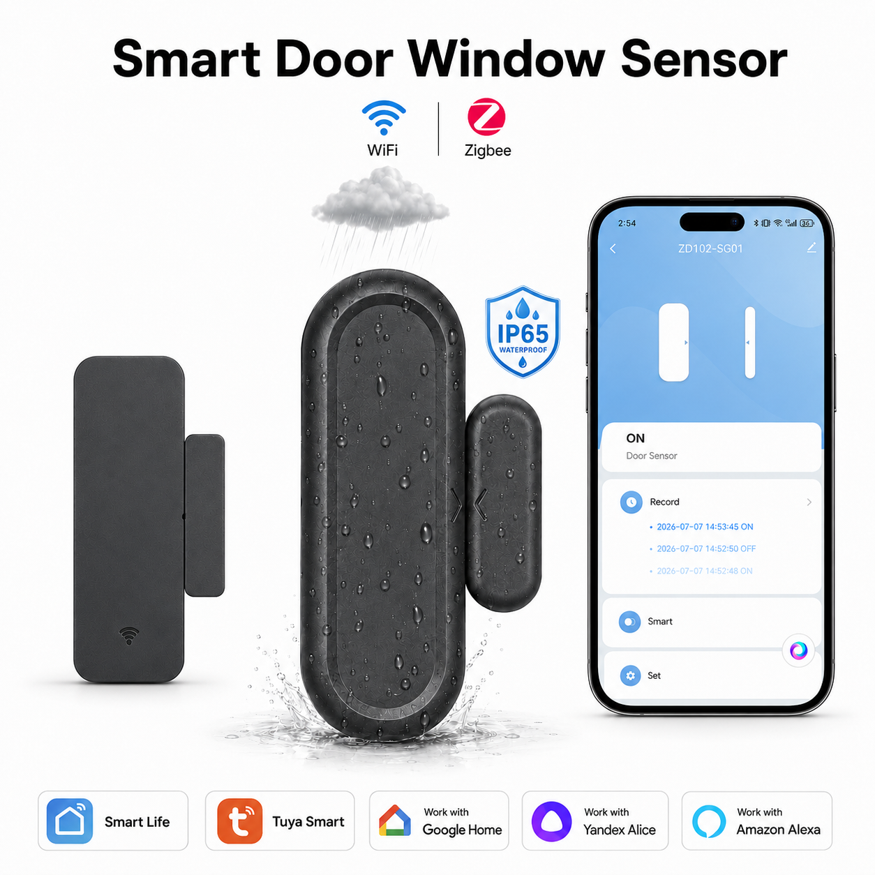 Tuya Zigbee WLAN-Türsensor Fenster-Eingangssensor Sicherheits-Einbruchsmelder Magnetischer Sensor-Alarm Smart Life Kompatibel mit Alexa Google Home