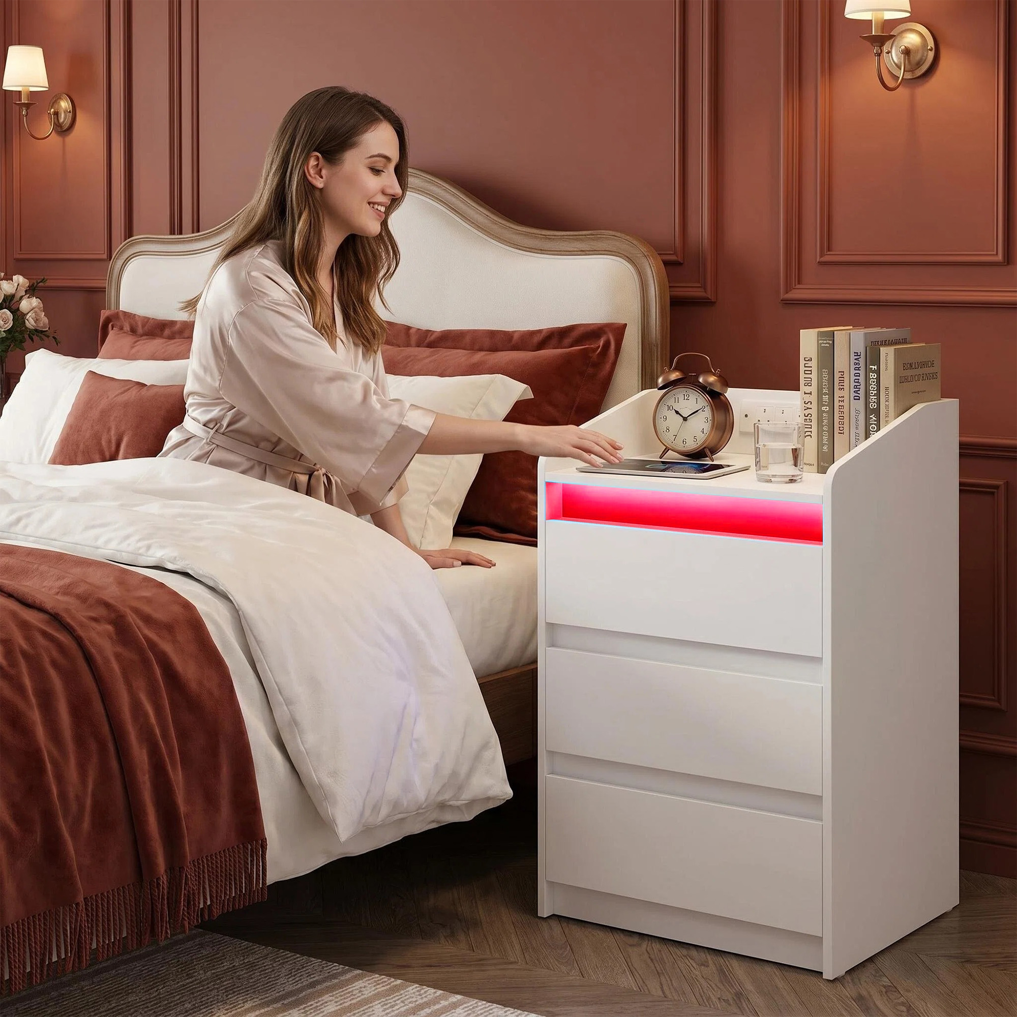 Nachtkastjes set van 2 met 3 laden, bijzettafel met oplaadstation en LED, 2 AC- en 2 USB-poorten voor de slaapkamer, wit