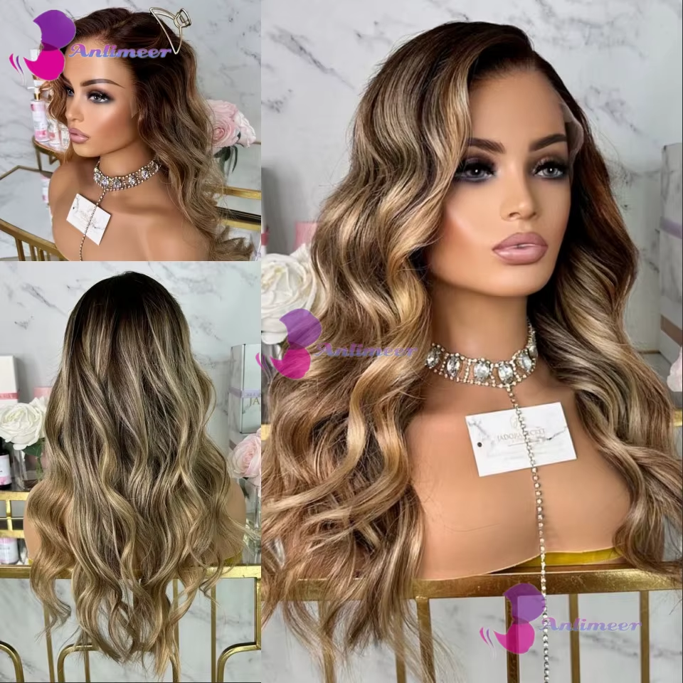 Peruca de Cabelo Humano Loiro Claro com Destaques Castanhos, Sem Cola, Topo de Seda 5x5, Nós Descoloridos, Raiz Castanha Brasileira, Peruca Full Lace