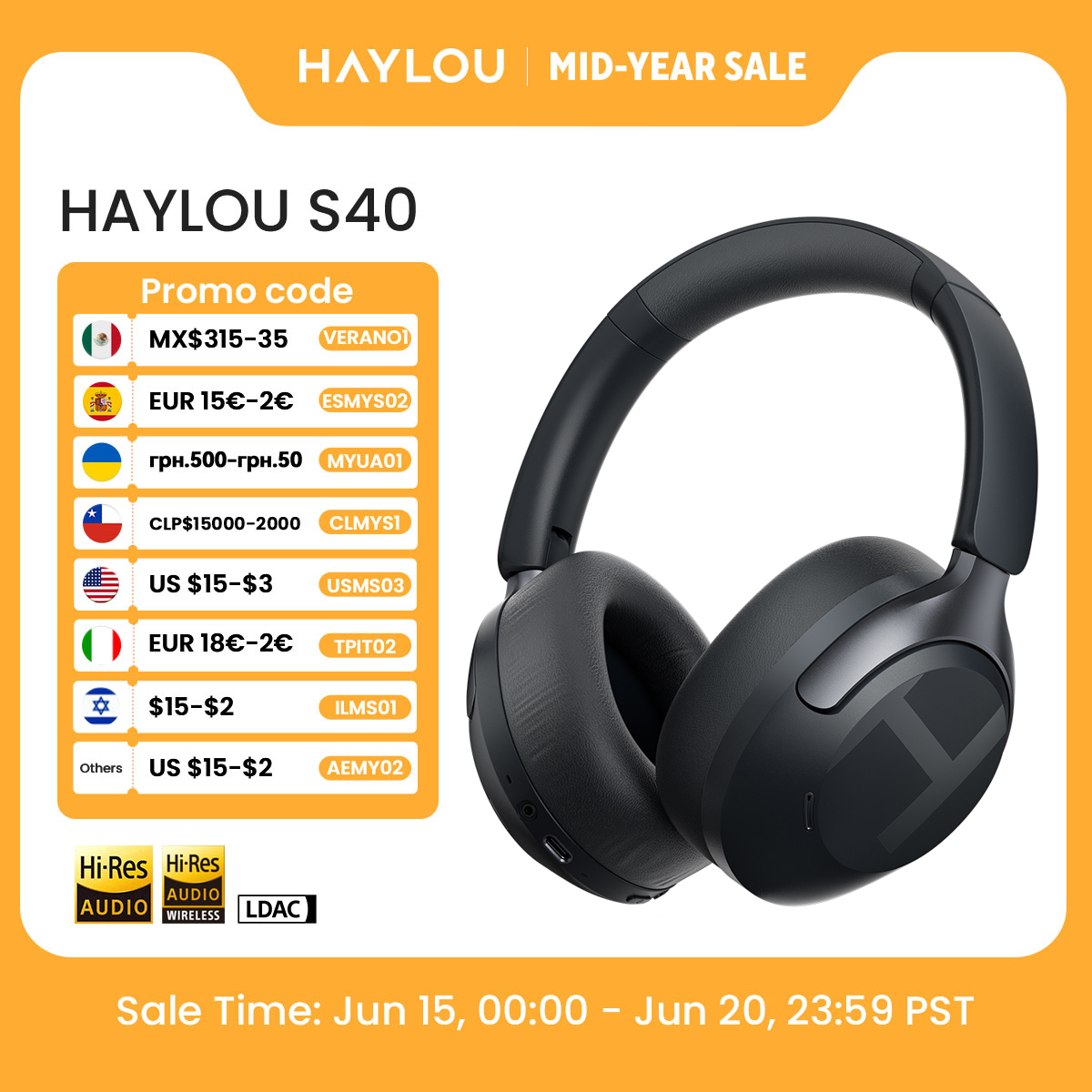 Auriculares Inalámbricos HAYLOU S40 ANC con Cancelación de Ruido de 50dB, Audio Espacial 3D de Alta Resolución, con LDAC Bluetooth 6.0, Auriculares Over-Ear