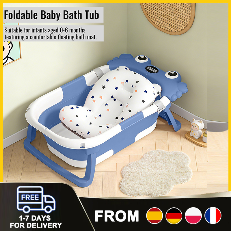 Faltbare Babybadewanne mit Temperaturüberwachung, Krabbenform, zusammenklappbare Badewanne für Neugeborene mit schwimmendem Kissen für die Haushaltsdusche, Baby-Badezubehör