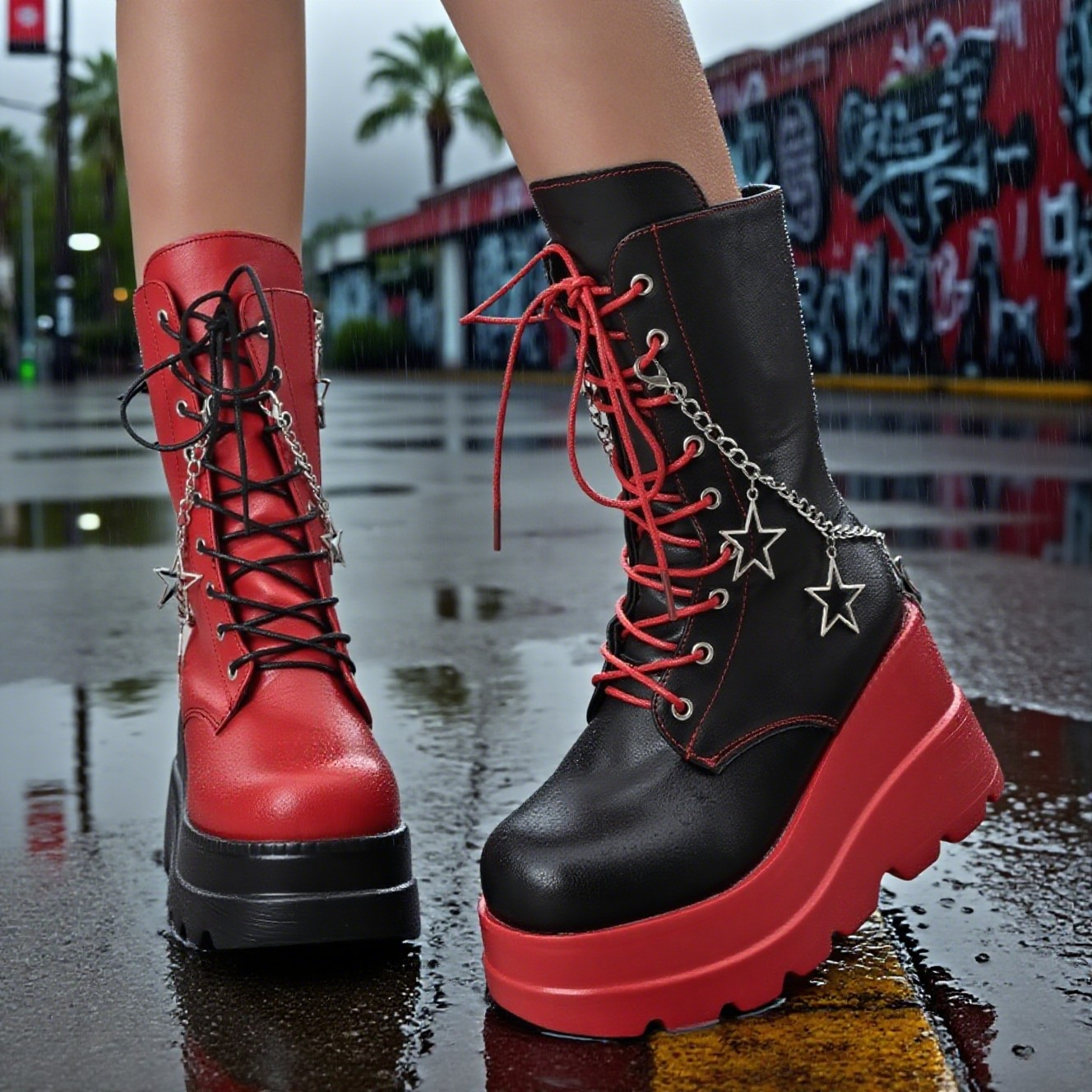Damen Y2K Plateau-Stiefel mit runder Spitze, Gothic-Combat-Motorradstiefel, Punk-Schnürstiefel mit seitlichem Reißverschluss
