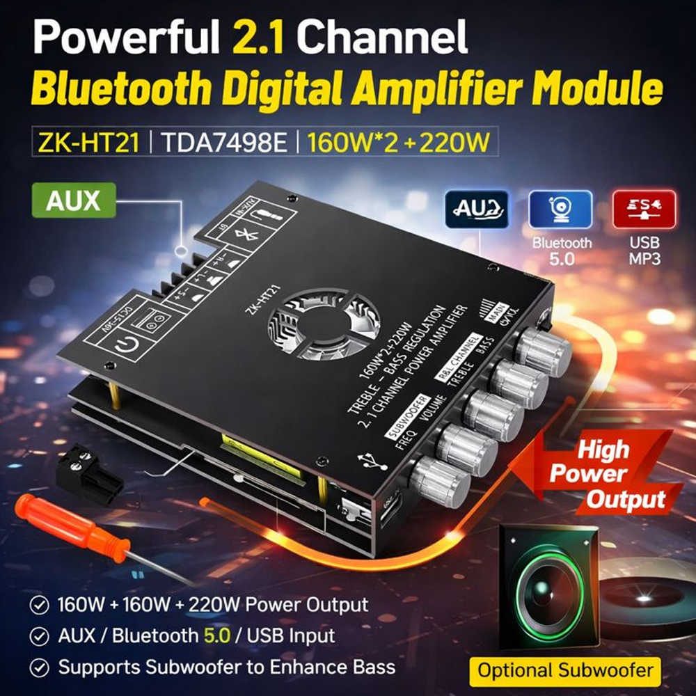 Amplificador digital Bluetooth ZK-HT21 2.1 canais TDA7498E, 160W + 160W + 220W AUX + Bluetooth + USB