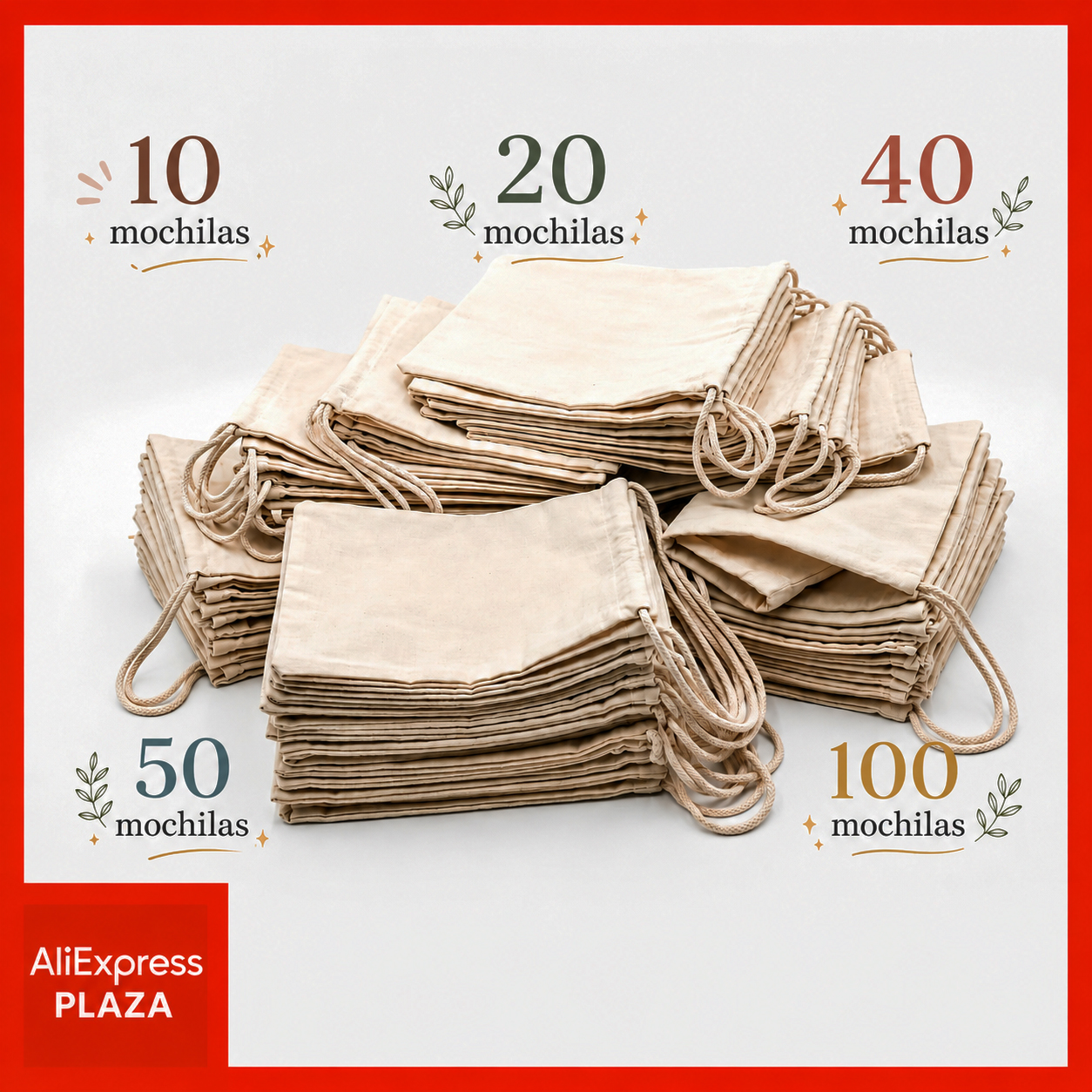 Pakket van 10, 20, 40, 50, 100 natuurlijke katoenen ECO zakjes (45x39cm) - Herbruikbare stoffen tassen voor schilderen, knutselen en excursies - Ecologische tassen met koordsluiting