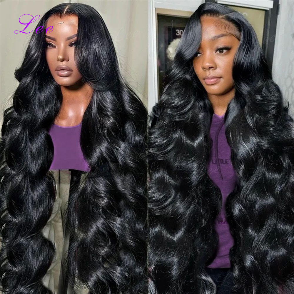 Peluca de cabello humano con ondas corporales de 30 pulgadas, frontal de encaje 13x6 HD transparente, pelucas de cabello humano húmedo y ondulado, negro natural brasileño
