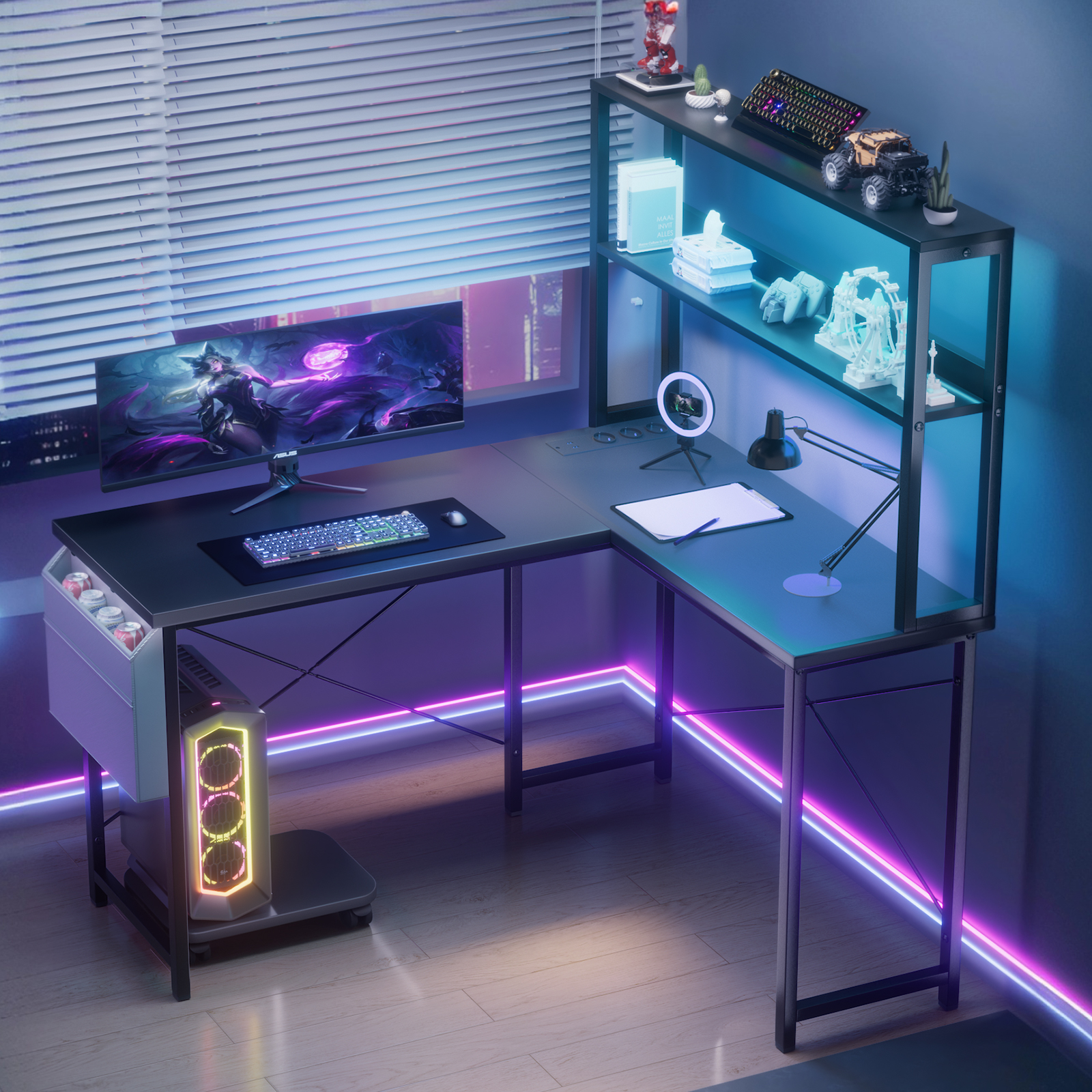 L-förmiger Computertisch mit intelligenter LED-Beleuchtung, integrierten Steckdosen und USB-Anschlüssen, schwarz