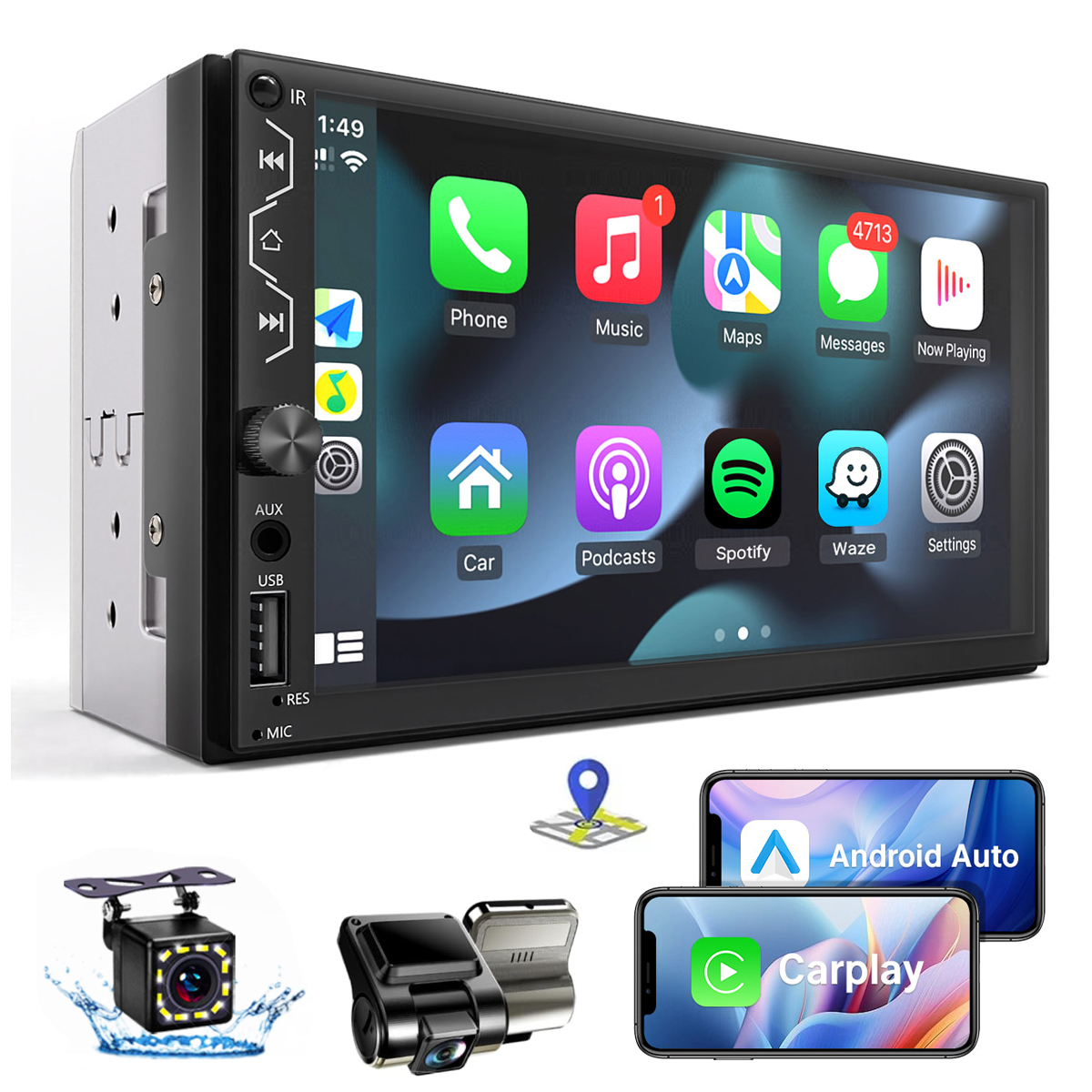 Pemutar media mobil, Radio mobil 7 inci Full HD layar sentuh Radio 2 Din pemutar Video mobil dan Android Auto dengan kamera dasbor dan kamera cadangan Bluetooth