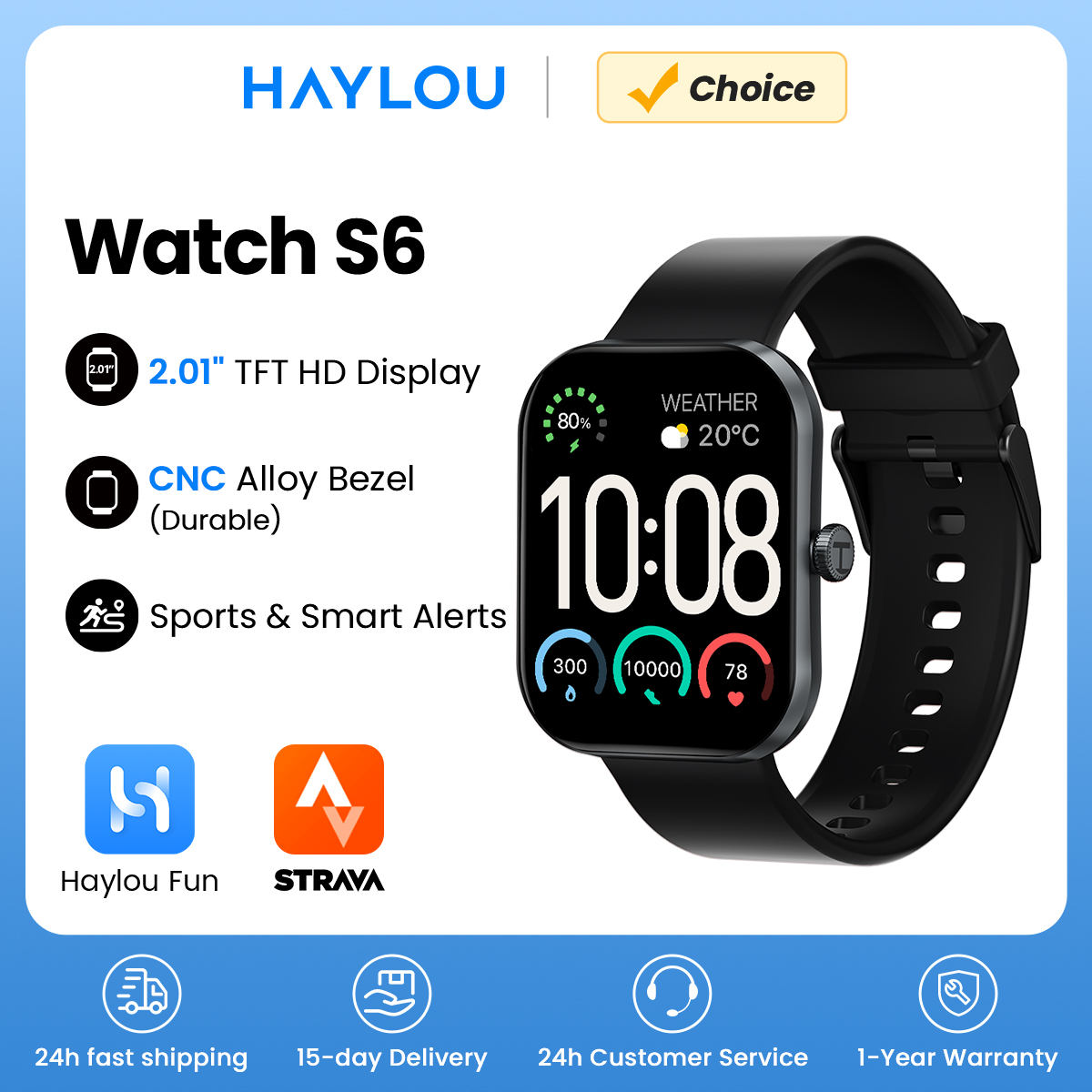 HAYLOU montre S6 Smartwatch 2.01 "Display HD montre intelligente Bluetooth appels vocaux IP68 étanche Fitness suivi Smartwatch
