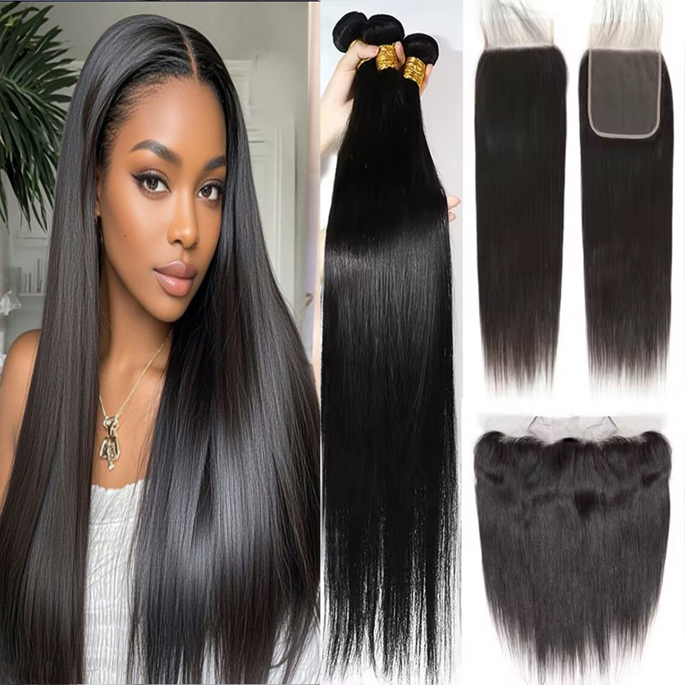 Bone Straight Human Hair Bundles With Lace Closure 4x4/5x5  Human Hair 100% Remy Human Hair Weave Extensions 13x4 Lace Frontal