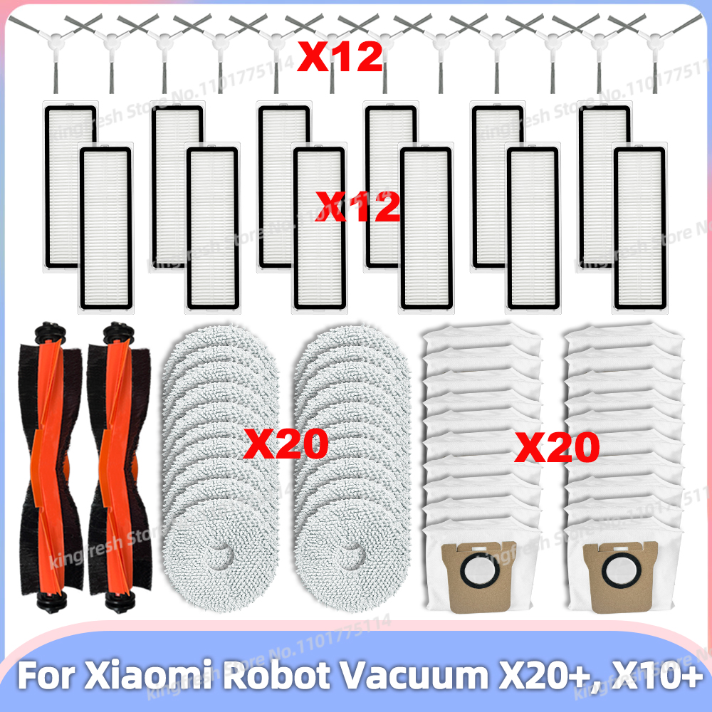 Compatible con Xiaomi Robot Vacuum X20+, X10+ / X20 Plus, X10 Plus Repuestos Accesorios Rodillo Principal Cepillo Lateral Filtro Hepa Paño de Limpieza Bolsa de Polvo