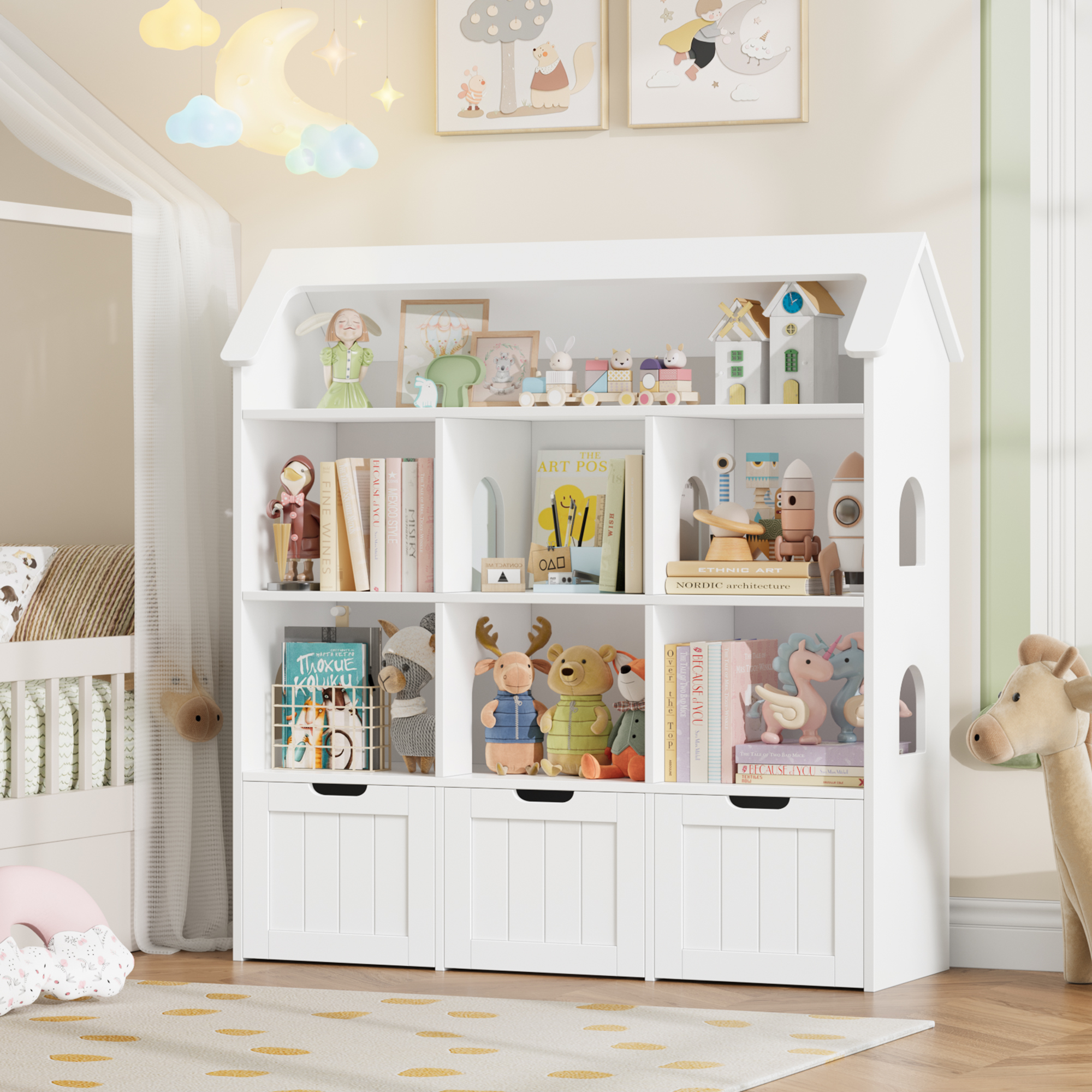 Getone Kids Toy Storage Unit with 7 Open Compartments, 3 Drawers, Wheels ,Kids Bookshelf House Shape Childrens Bookcase, Toy storage unit for Nursery Playroom 120x33x117.5cm