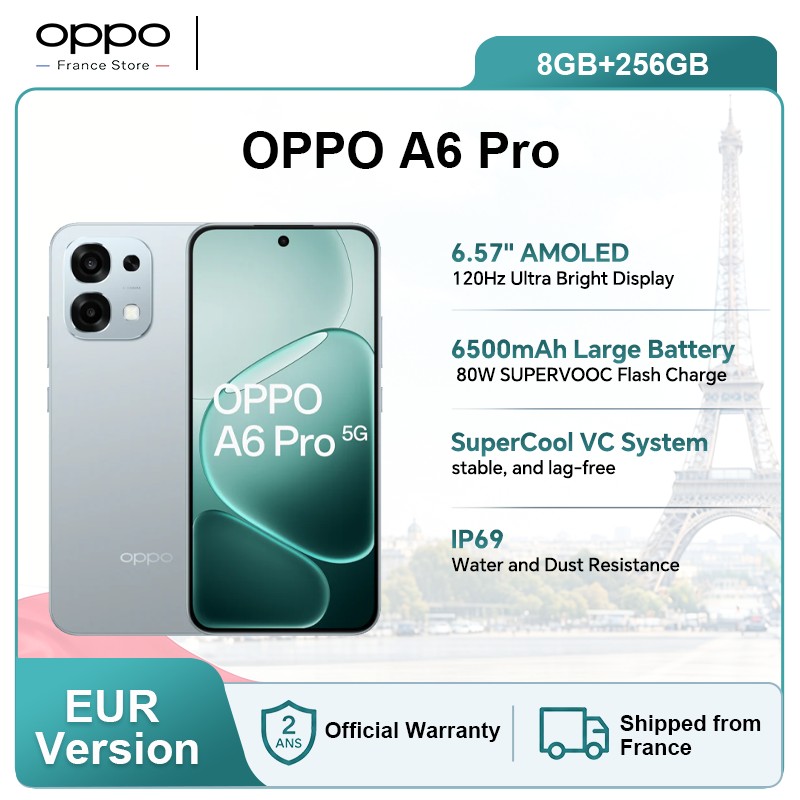 Versión UE del teléfono inteligente OPPO A6 Pro 5G, 8GB+256GB, 6500mAh, MTK Dimensity 6300, AMOLED, cámara principal con IA de 50MP, IP69
