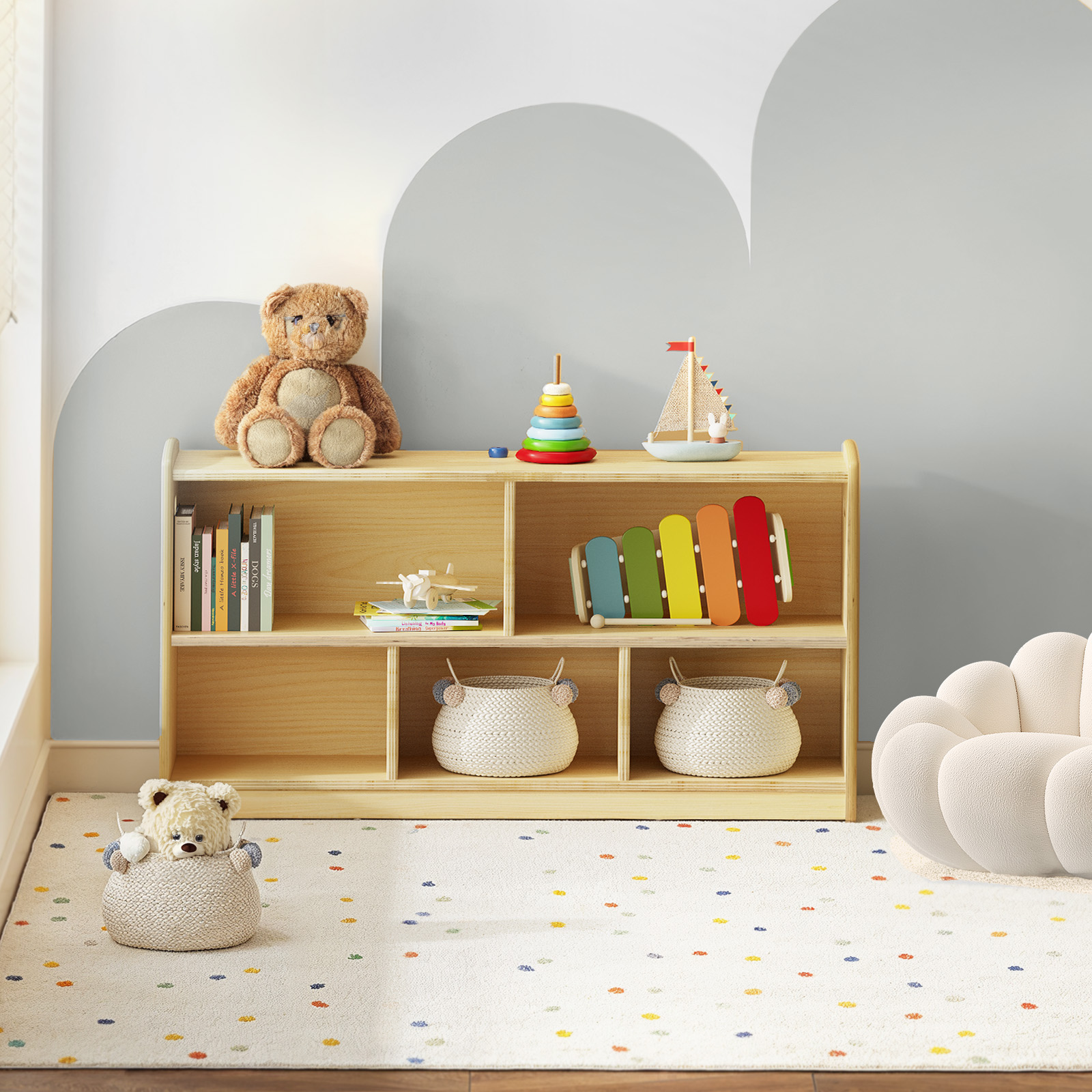 Armoire Montessori en bois à 2 niveaux pour enfants, étagères à livres pour chambre d'enfant, organisateurs et rangement de jouets, petite étagère de rangement pour livres pour bébé