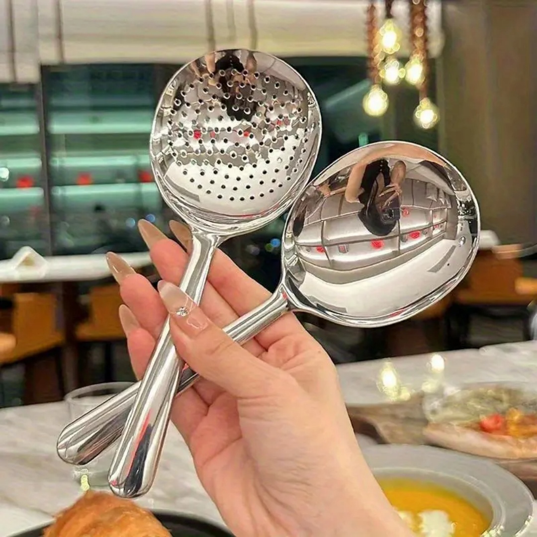 Juego de 2 utensilios de cocina de acero inoxidable engrosado, cucharón y colador resistentes al calor, utensilios de cocina para uso doméstico y comercial, cucharón para sopa de acero inoxidable
