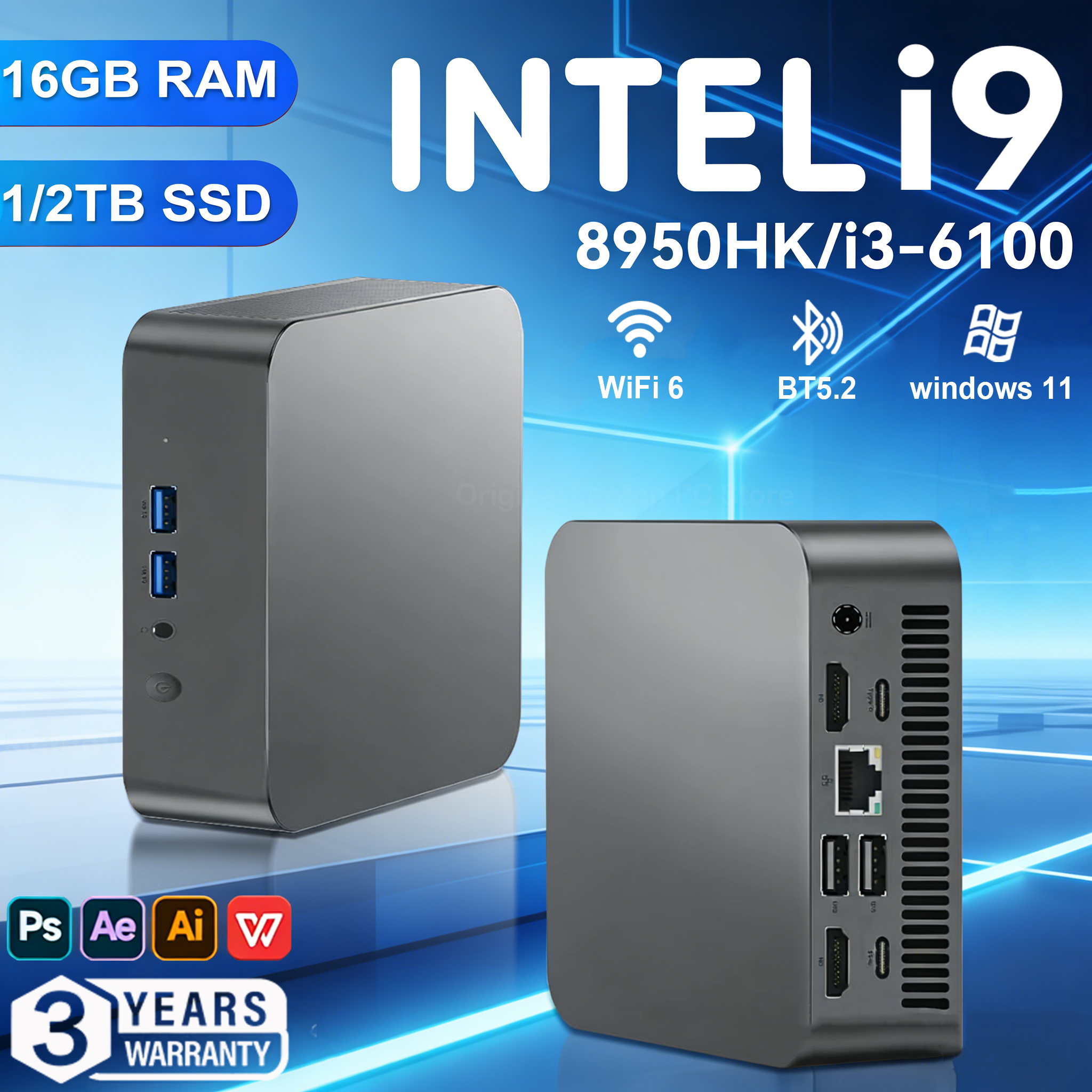 Mini computador windows 11 intel core i9 8950hk i9 mini computador intel i3 6100 16gb ram 1/2tb ssd wifi 6 pc computador de jogos