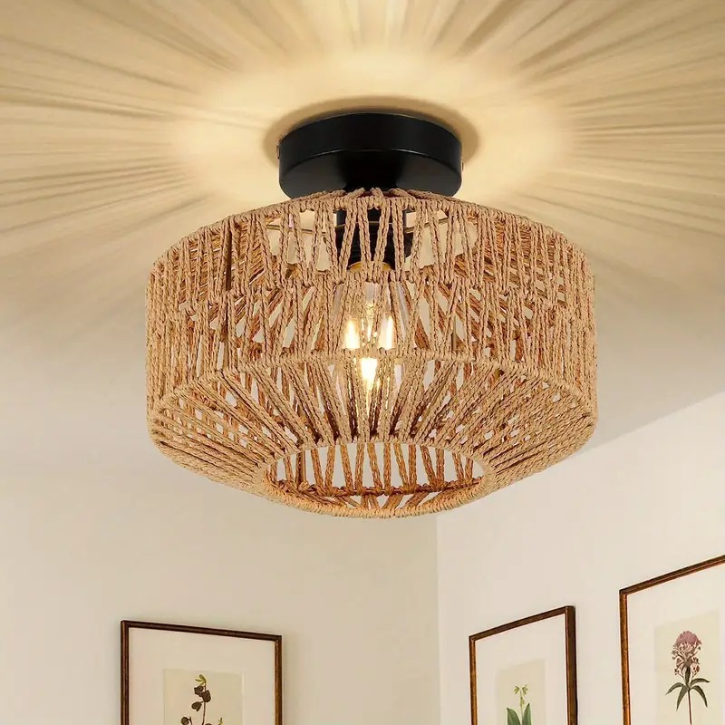 Luzes de teto tecidas mão do Rattan, Lustre, Luminária de montagem nivelada, Corredor, Quarto, Cozinha, Entrada, Sala de estar